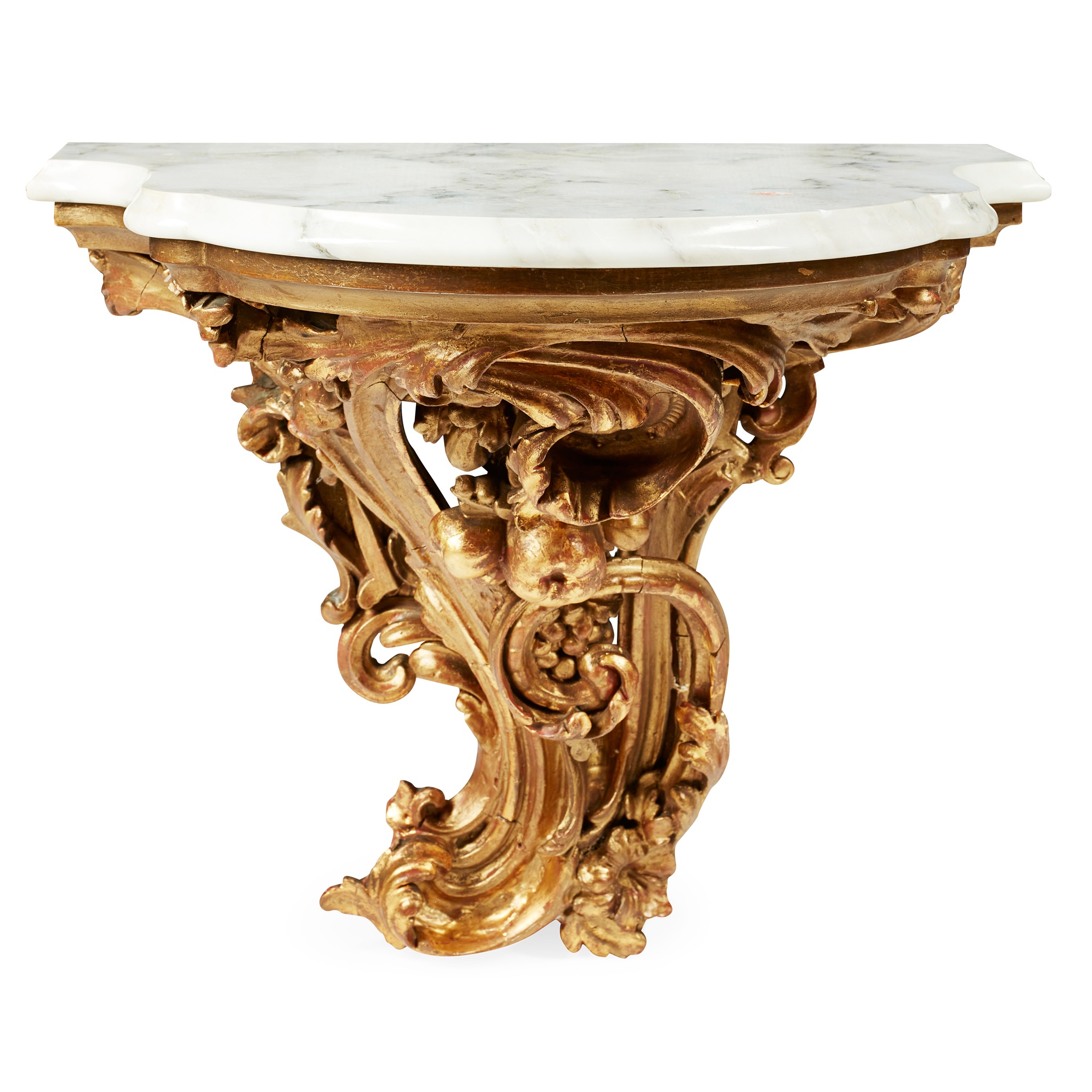ROCOCO STYLE CARVED GILTWOOD, MARBLE, AND GESSO WALL BRACKET