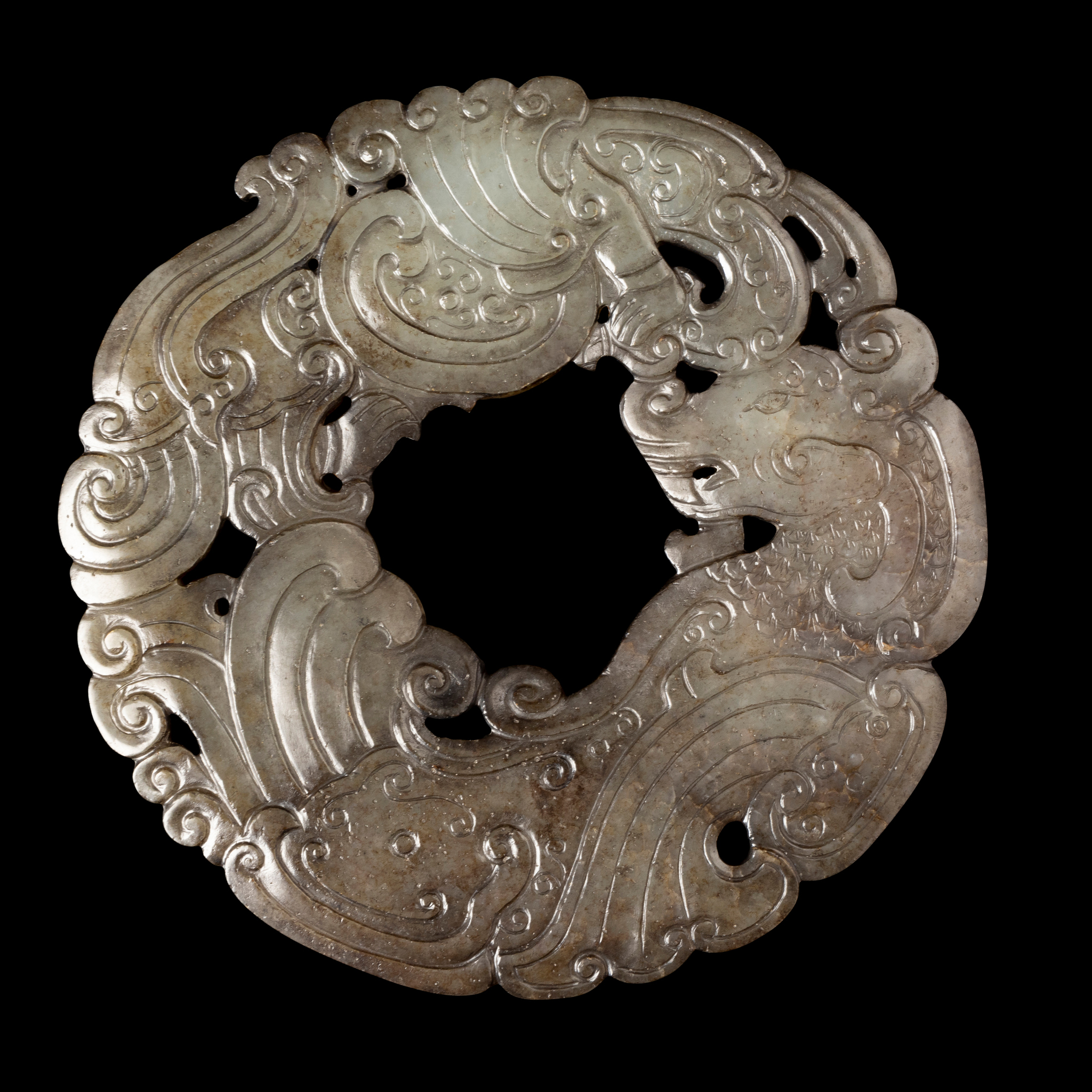 CHINESE DARKENED CELADON JADE CARVING 'DRAGON AND PHOENIX' DISC