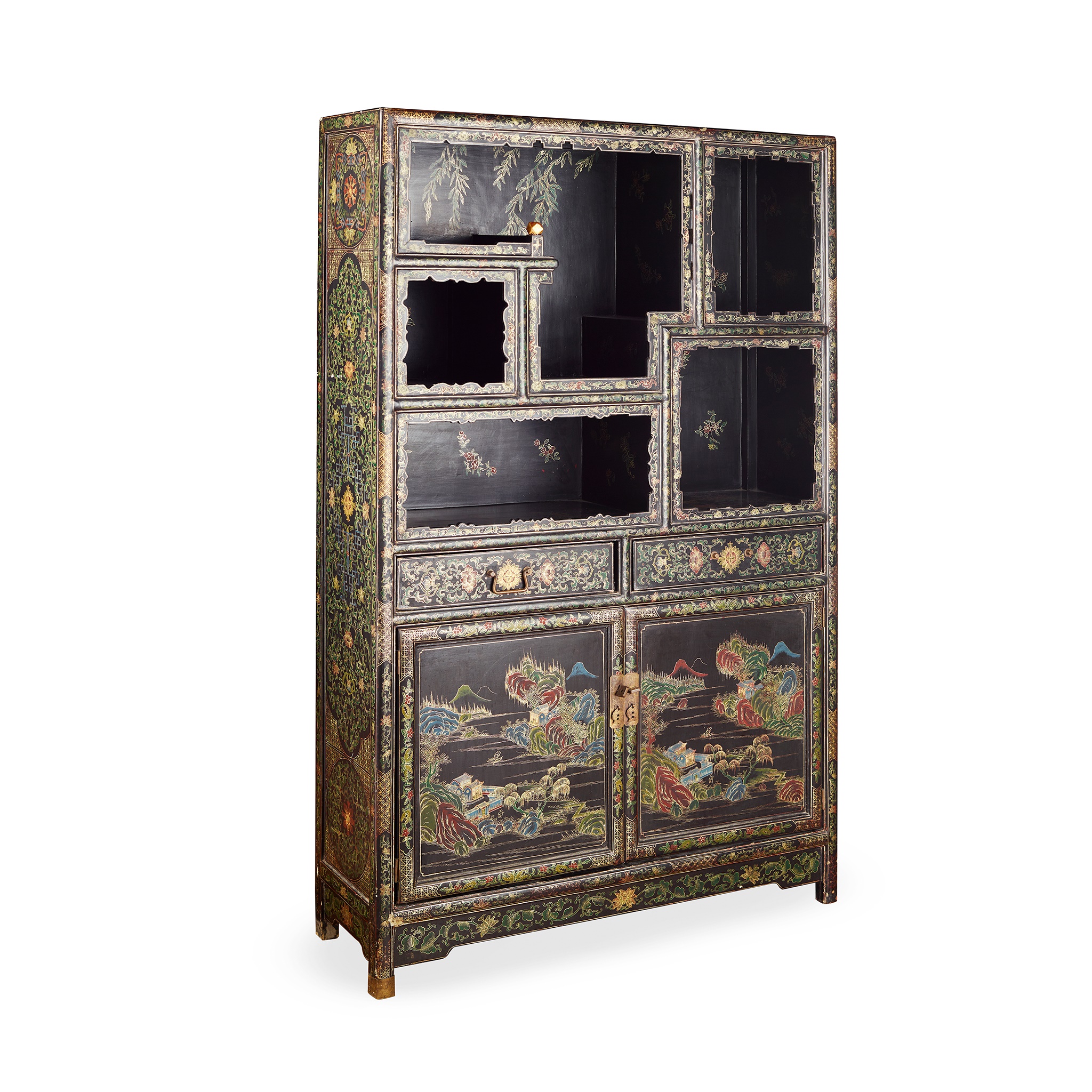 BLACK LACQUER GILT-AND-POLYCHROME-DECORATED DISPLAY CABINET