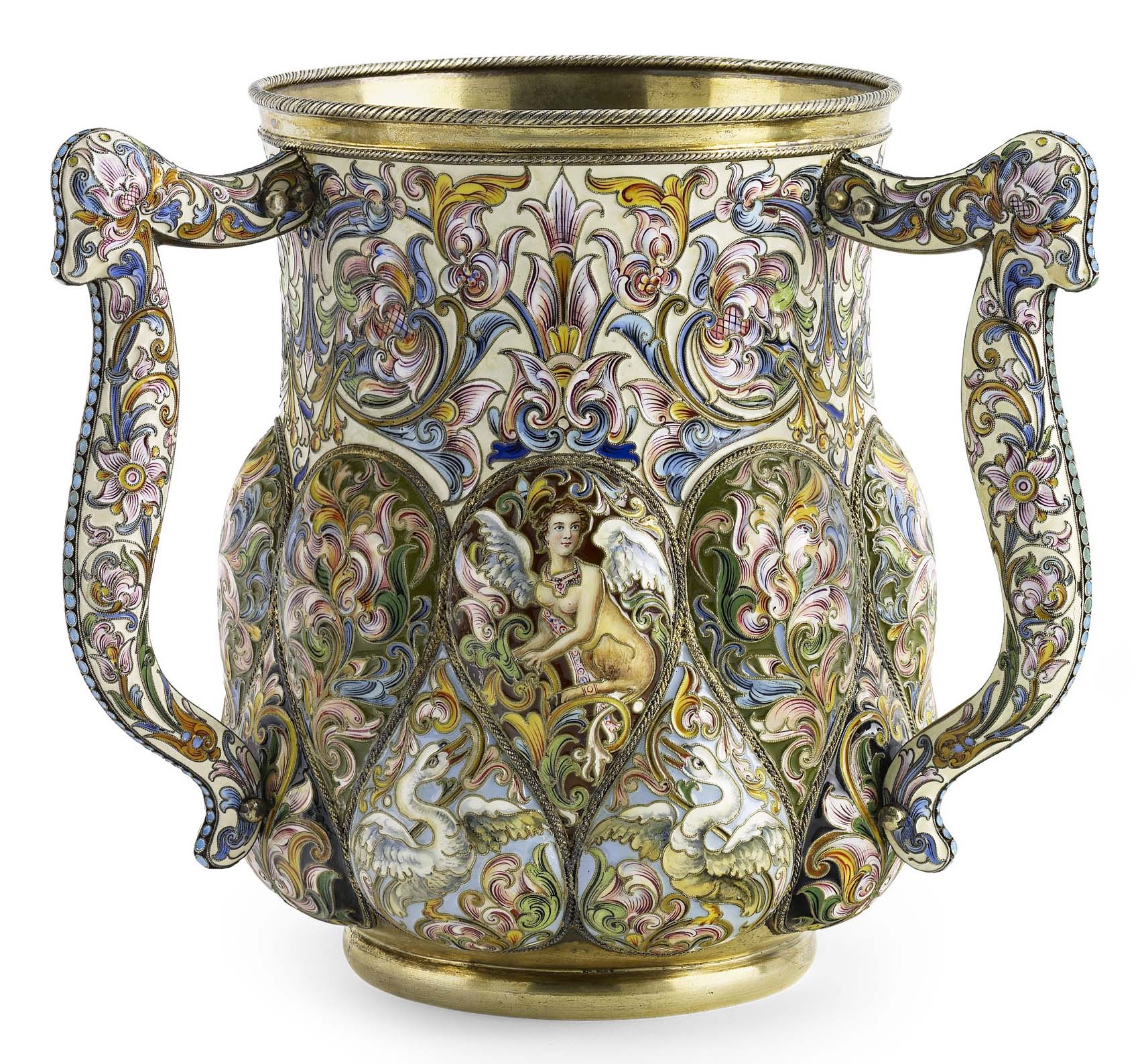 A Russian silver-gilt and shaded cloisonné enamel three handled loving-cup (‘Kriushonnitsa’)