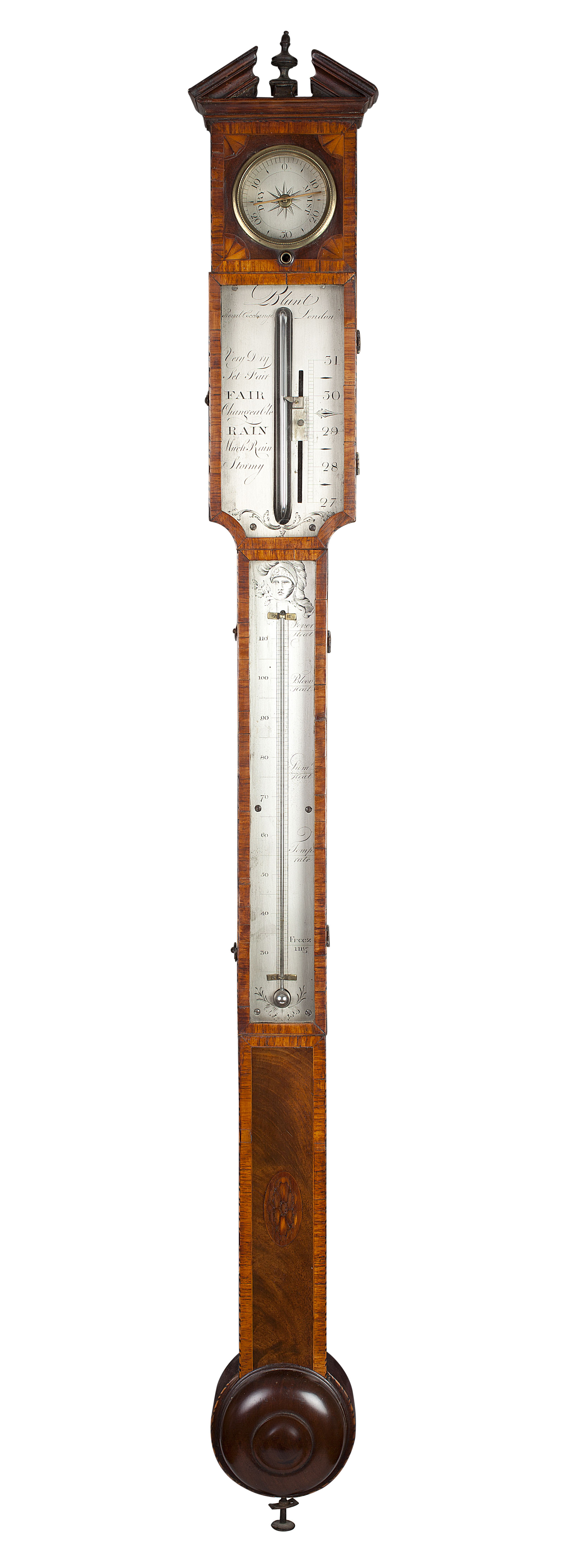 GEORGE III MAHOGANY AND CROSSBANDED STICK BAROMETER BY THOMAS BLUNT, LONDON