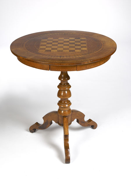 A Sorrento walnut and parquetry chess board table, circa 1900