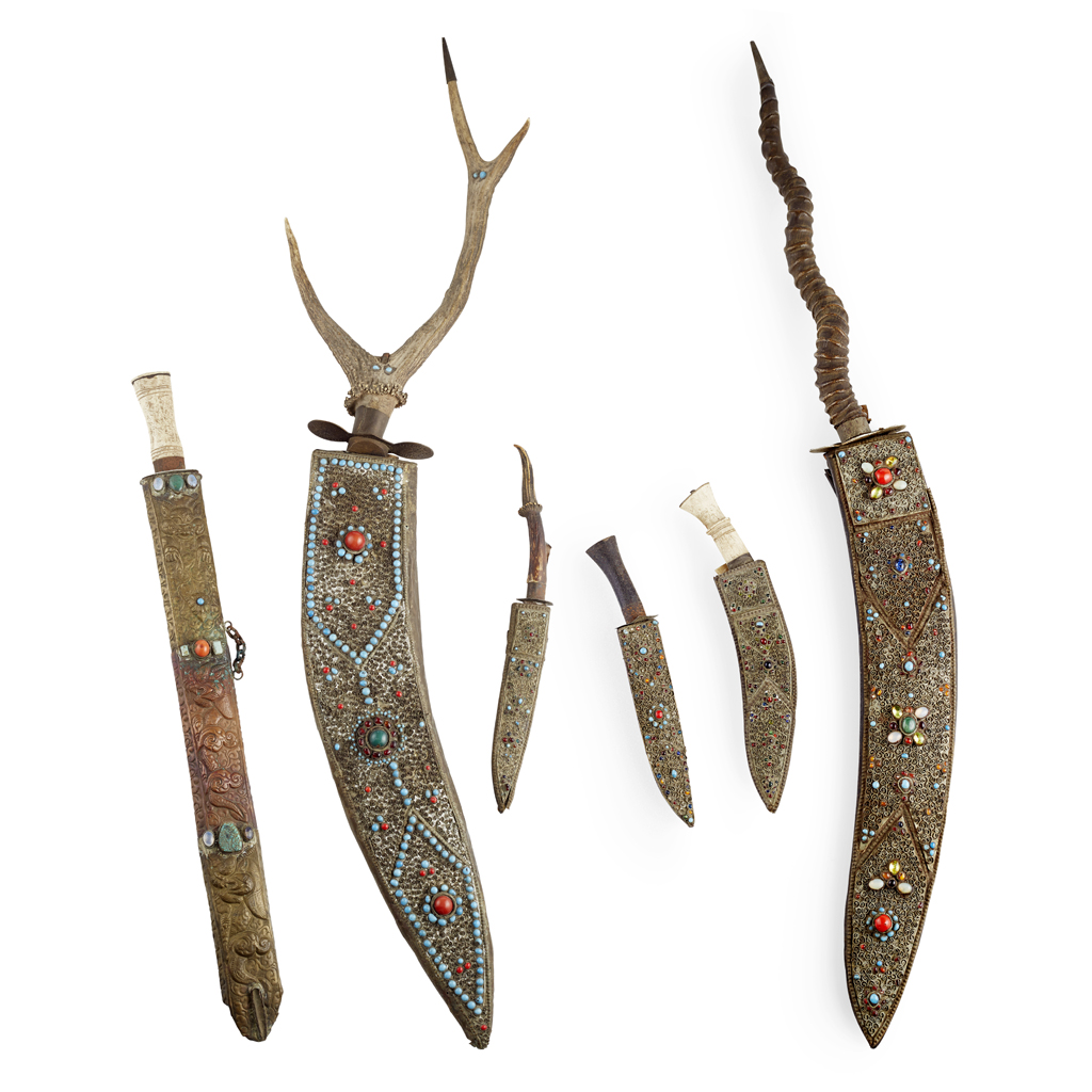 COLLECTION OF TIBETAN HARDSTONE-EMBELLISHED SWORDS AND DAGGERS