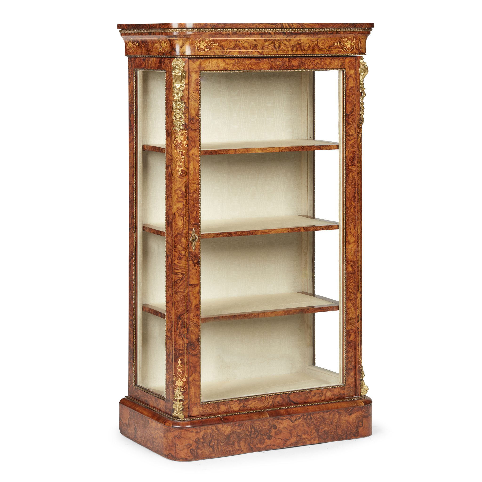 VICTORIAN WALNUT, MARQUETRY, AND GILT METAL DISPLAY CABINET