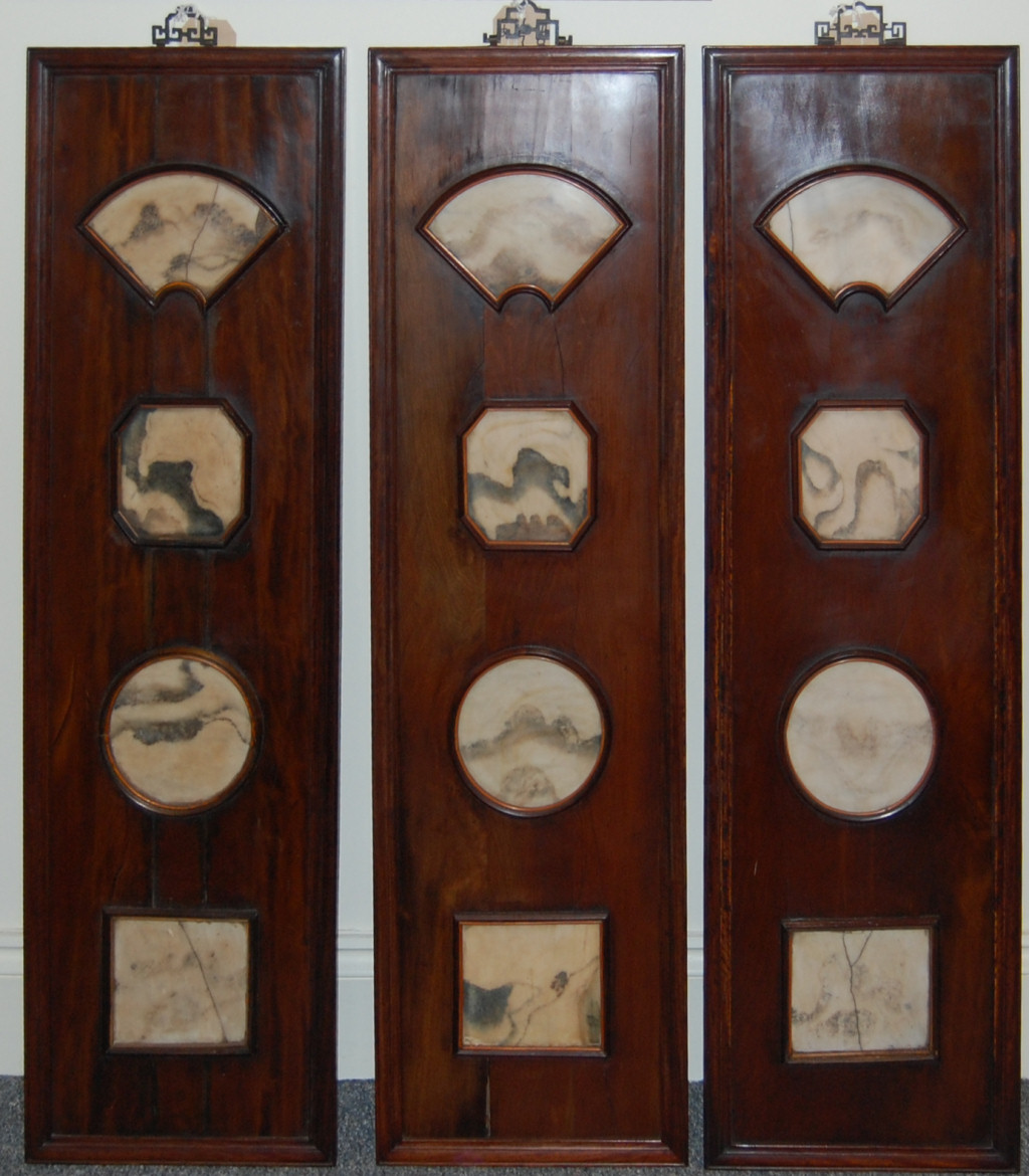 THREE CHINESE DREAMSTONE AND STAINED WOOD PANELS