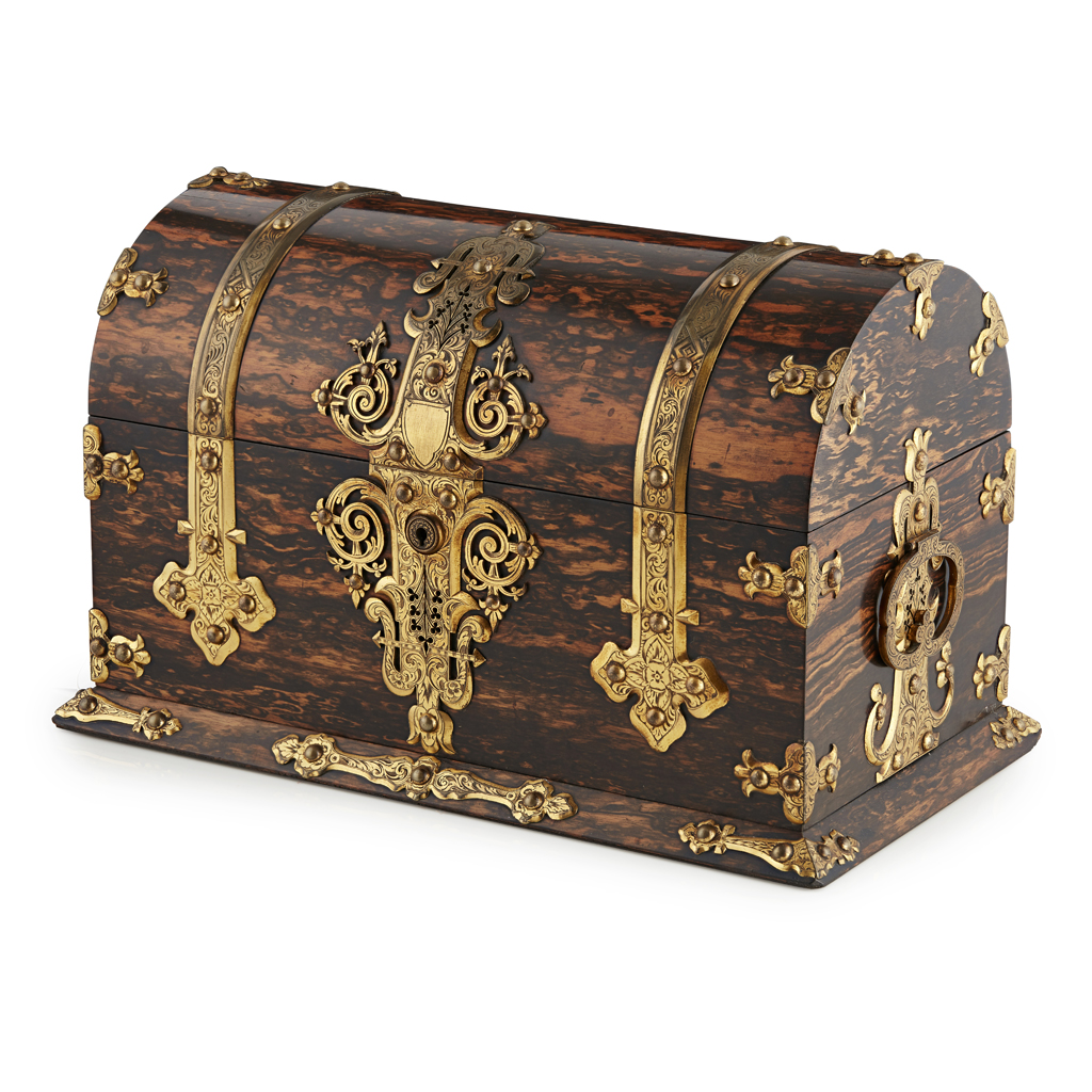 FINE VICTORIAN COROMANDEL AND BRASS TEA CADDY, JENNER AND KNEWSTUB, LONDON