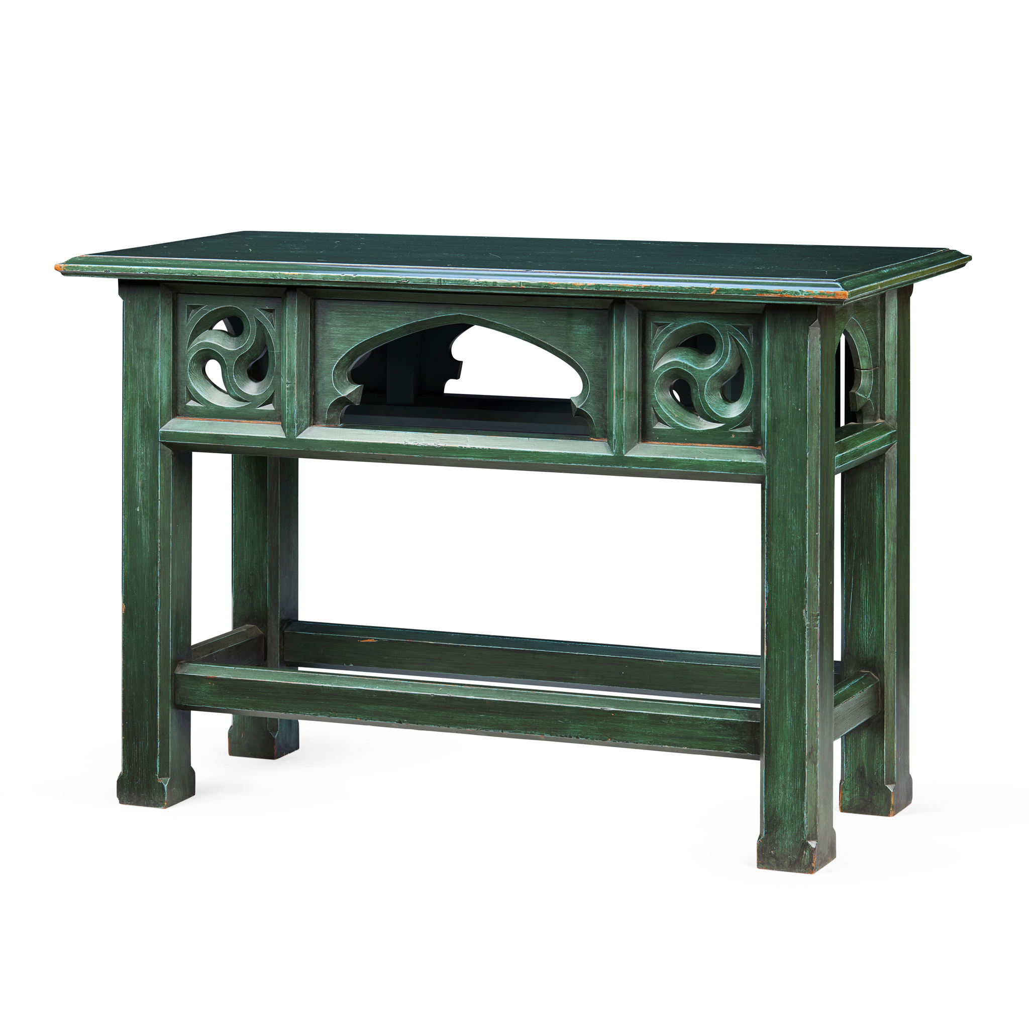 GREEN PAINTED OAK GOTHIC STYLE CENTRE TABLE