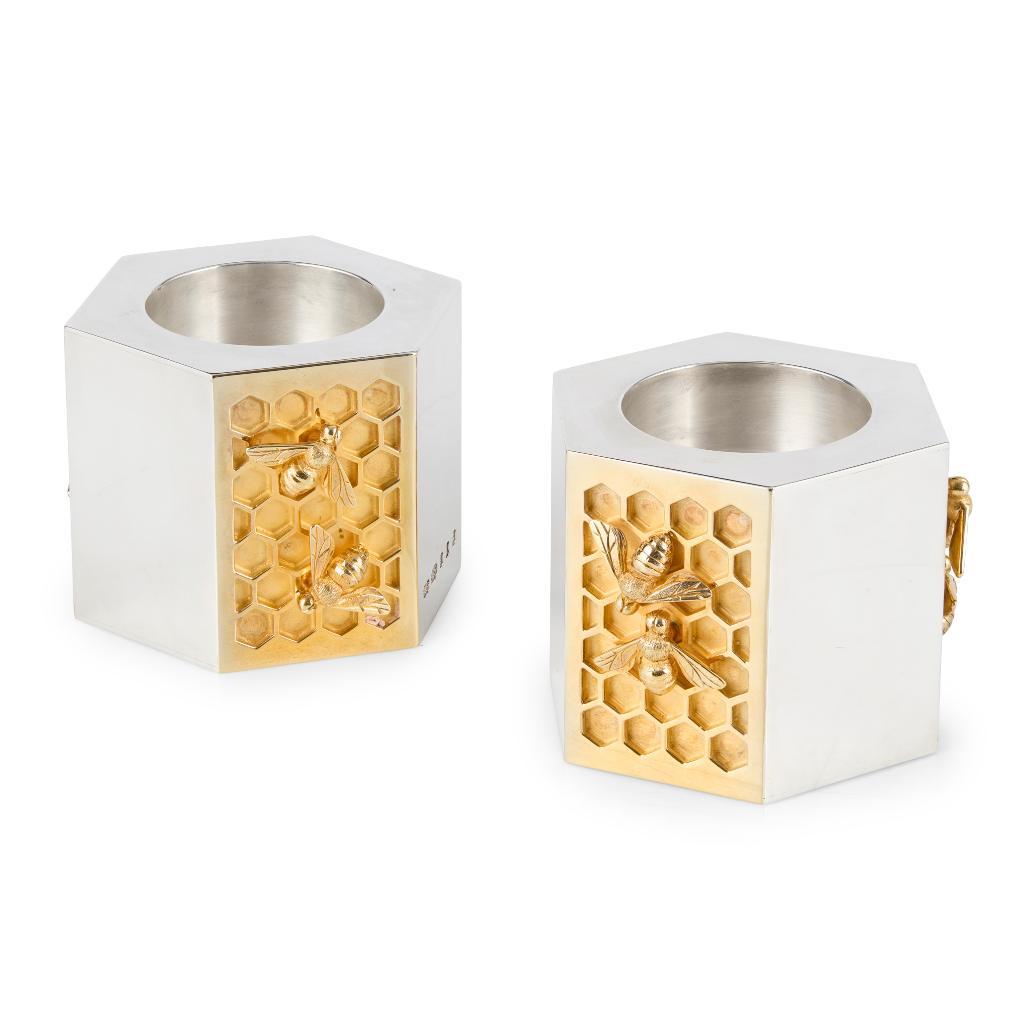 A PAIR OF MODERN 'HONEYCOMB' CANDLESTICKS
