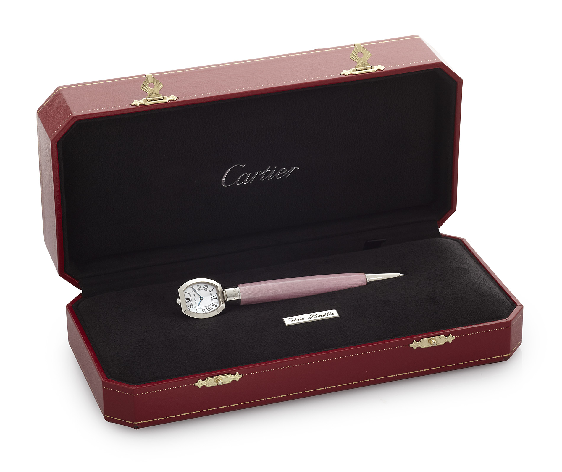CARTIER - a limited edition pink guilloche enamelled pen with watch terminal