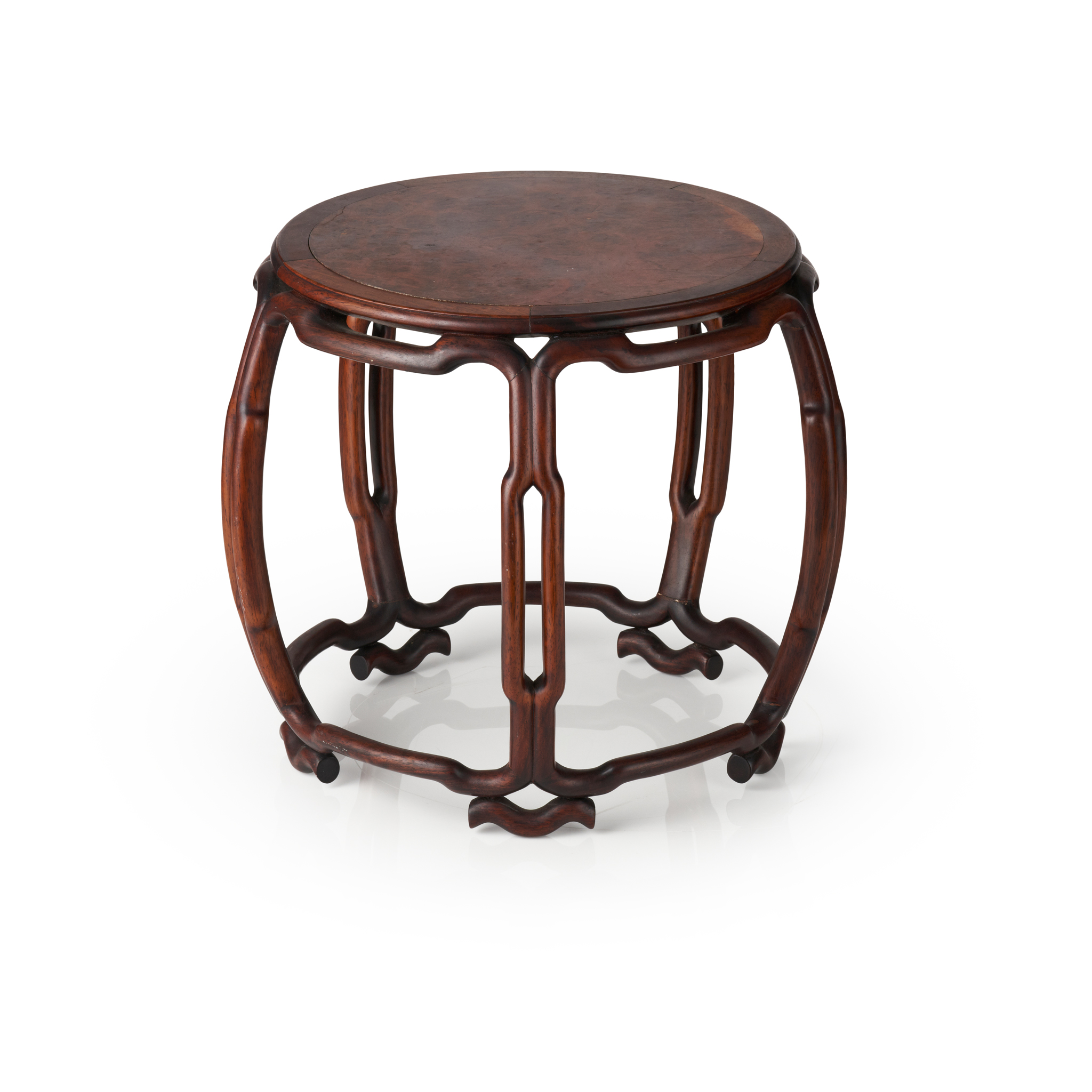 BURLWOOD INLAID DRUM-SHAPED HARDWOOD STAND