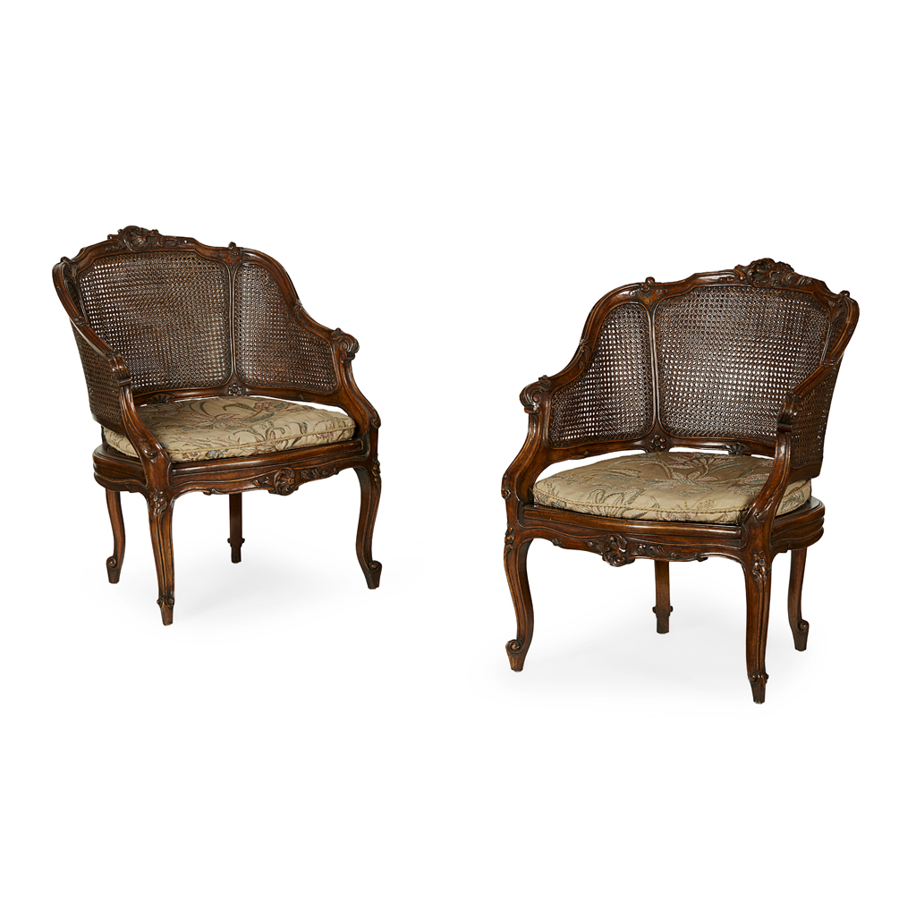 PAIR OF FRENCH WALNUT BERGERE ARMCHAIRS