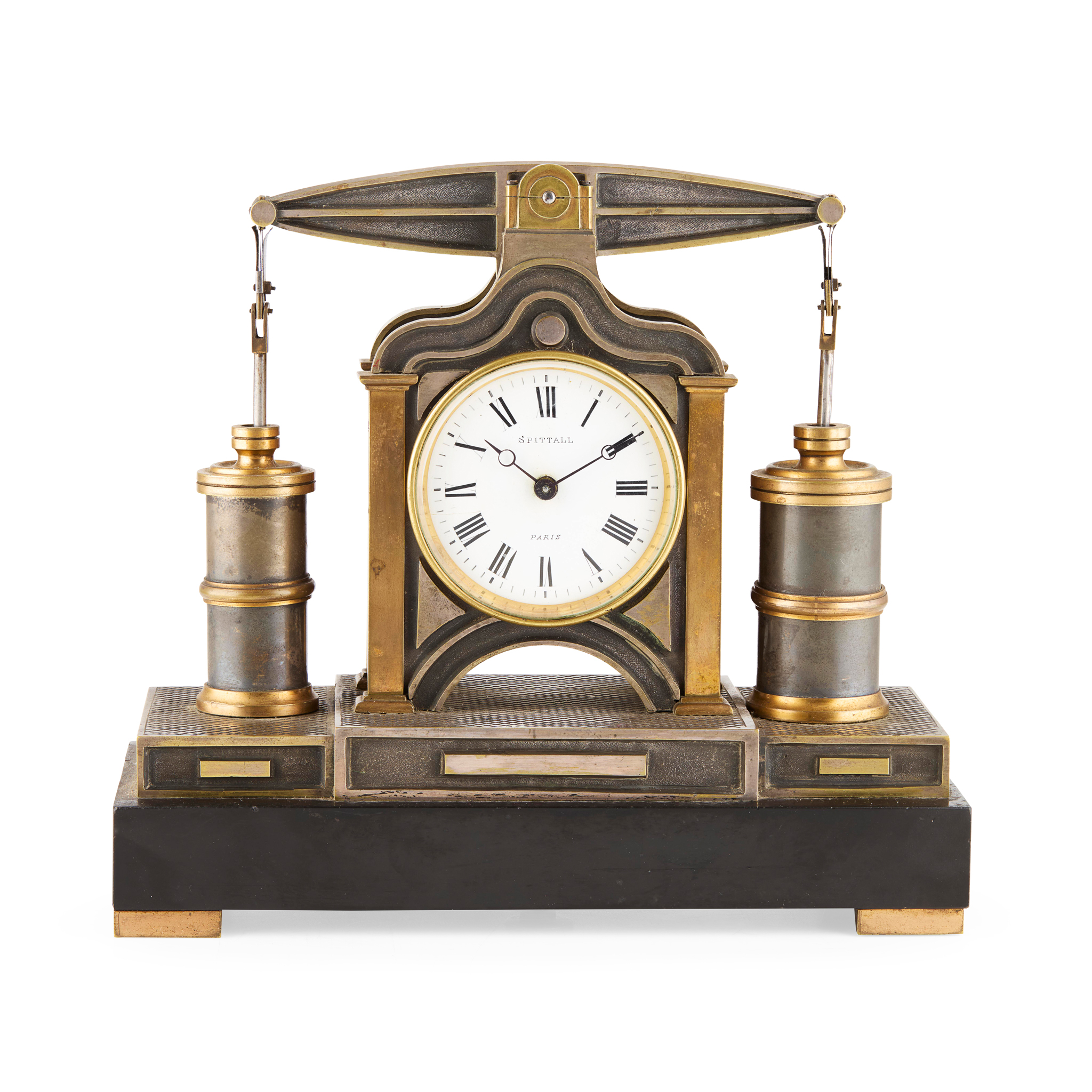 FRENCH BRASS AND SILVER-PLATED NOVELTY AUTOMATON BEAM ENGINE MANTEL CLOCK, BY GUILMET