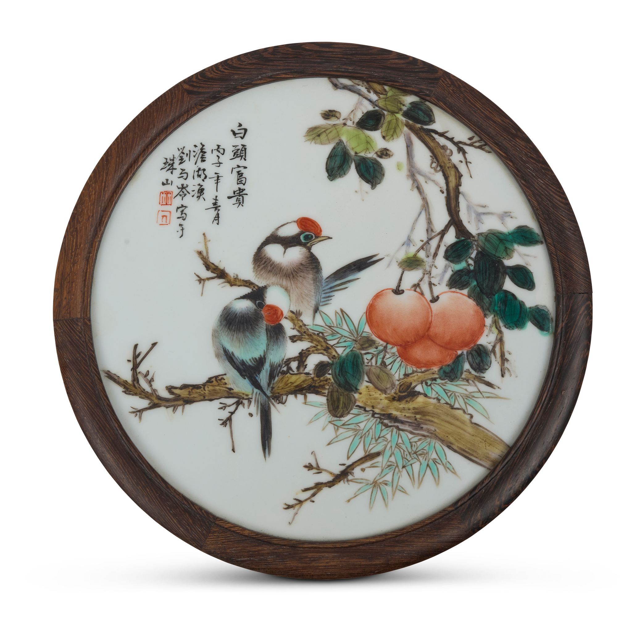 CHINESE FAMILLE ROSE 'BIRD AND FRUIT' CIRCULAR PLAQUE