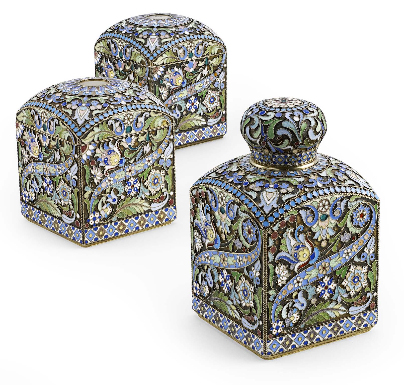 A Russian silver-gilt and cloisonné enamel tea-caddy and a matching pair of sugar boxes