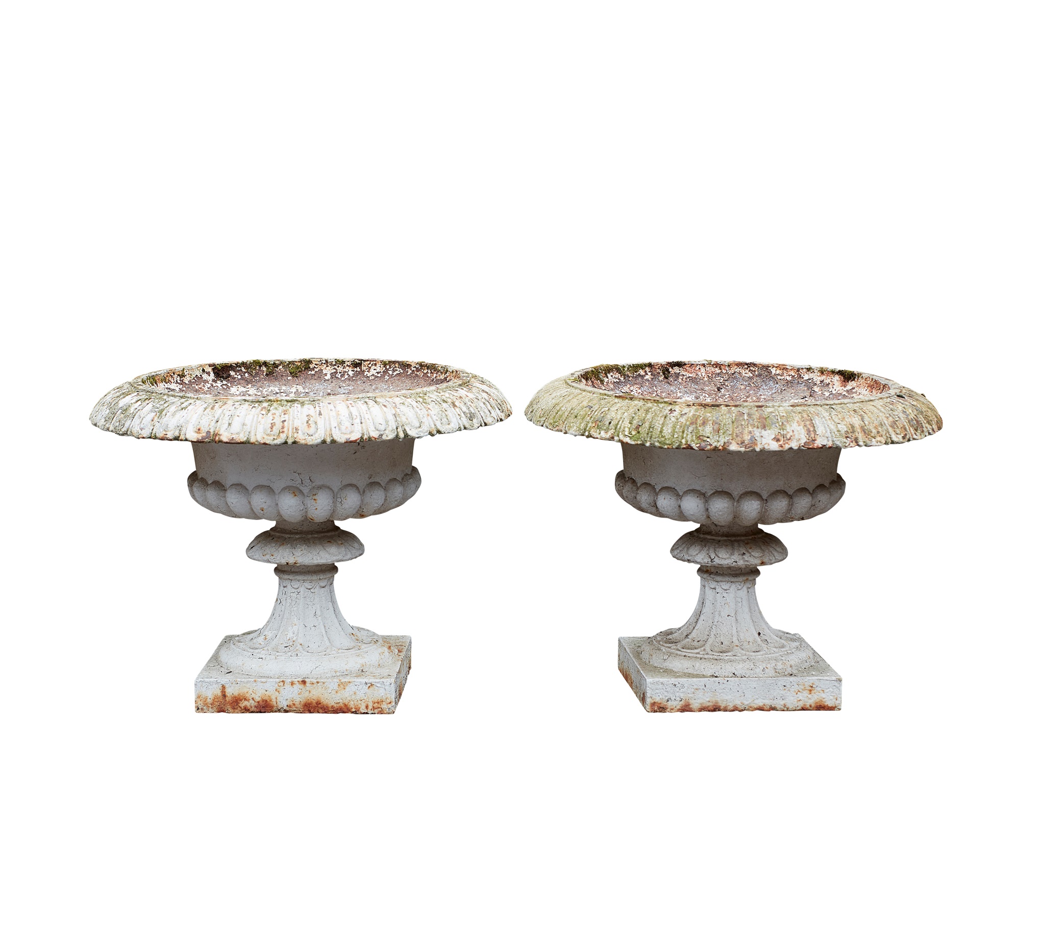 PAIR OF WHITE PAINTED CAST IRON URNS AND STANDS