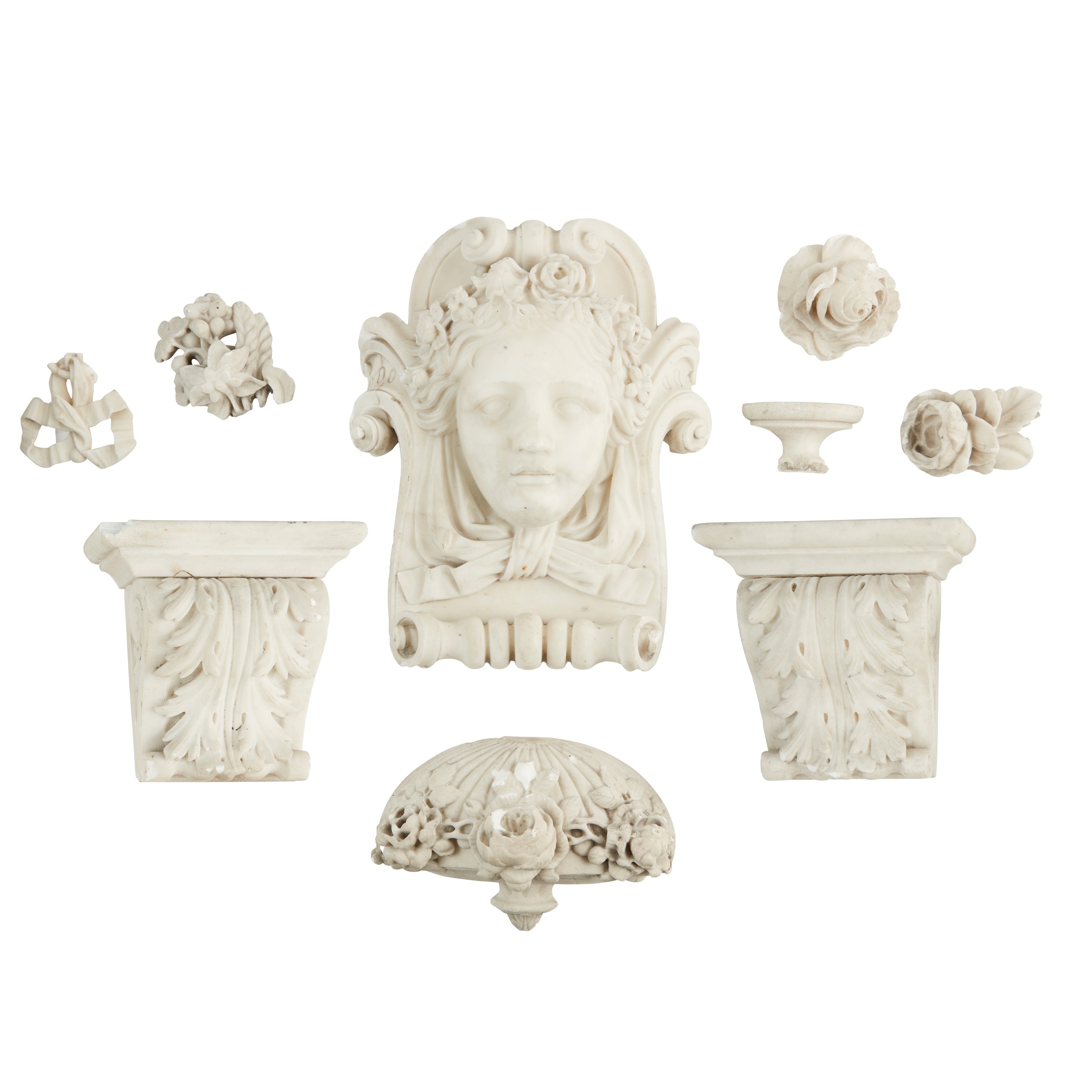 GROUP OF GEORGIAN CARVED WHITE MARBLE FIRE SURROUND COMPONENTS