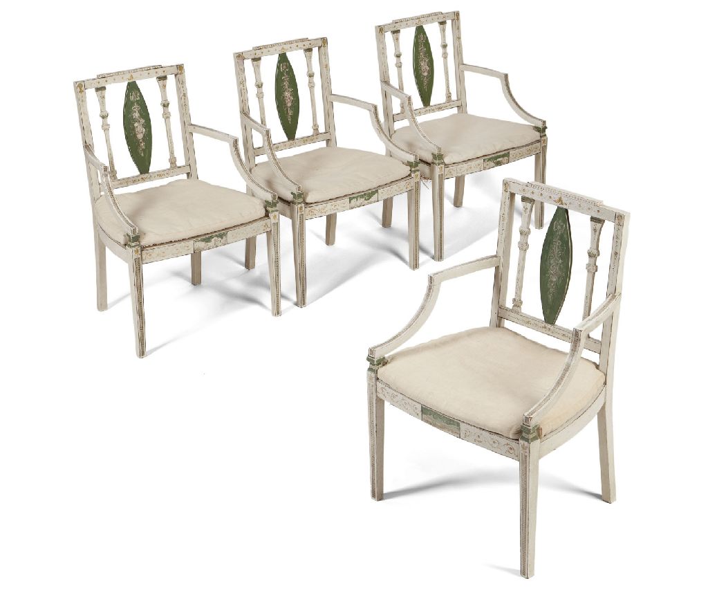 SET OF FOUR HEPPLEWHITE STYLE PAINTED ARMCHAIRS