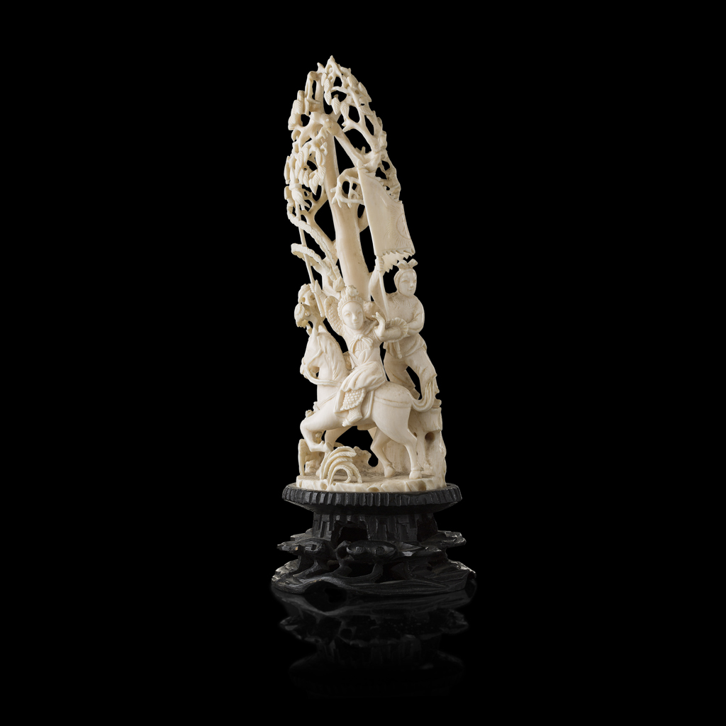 CARVED IVORY FIGURE OF HUA MULAN ON HORSEBACK