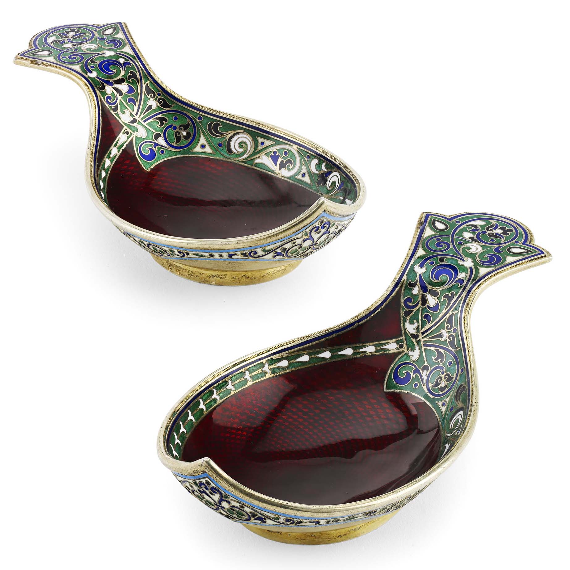 A pair of Russian silver-gilt and enamel kovsch