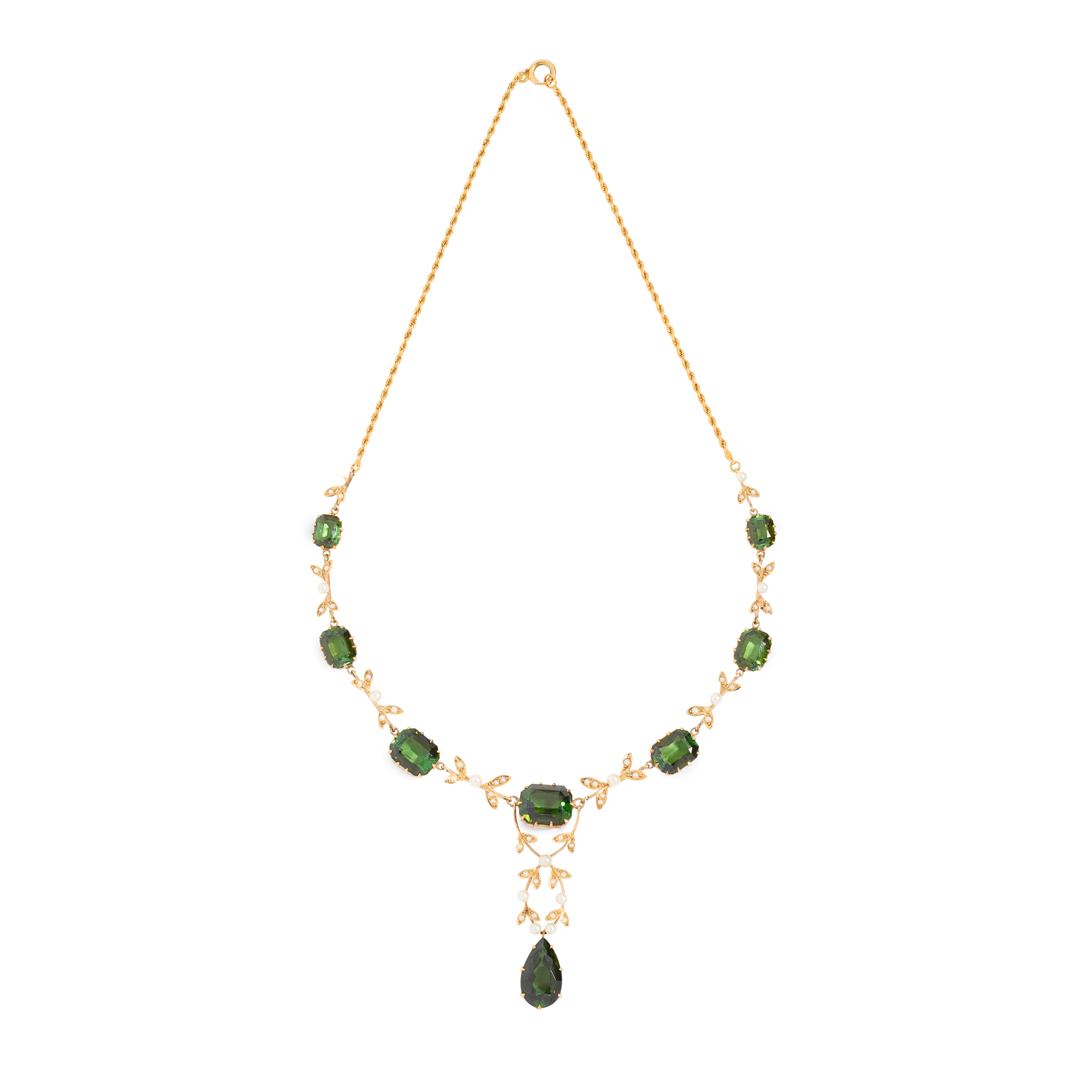 A tourmaline and seed pearl drop pendant necklace