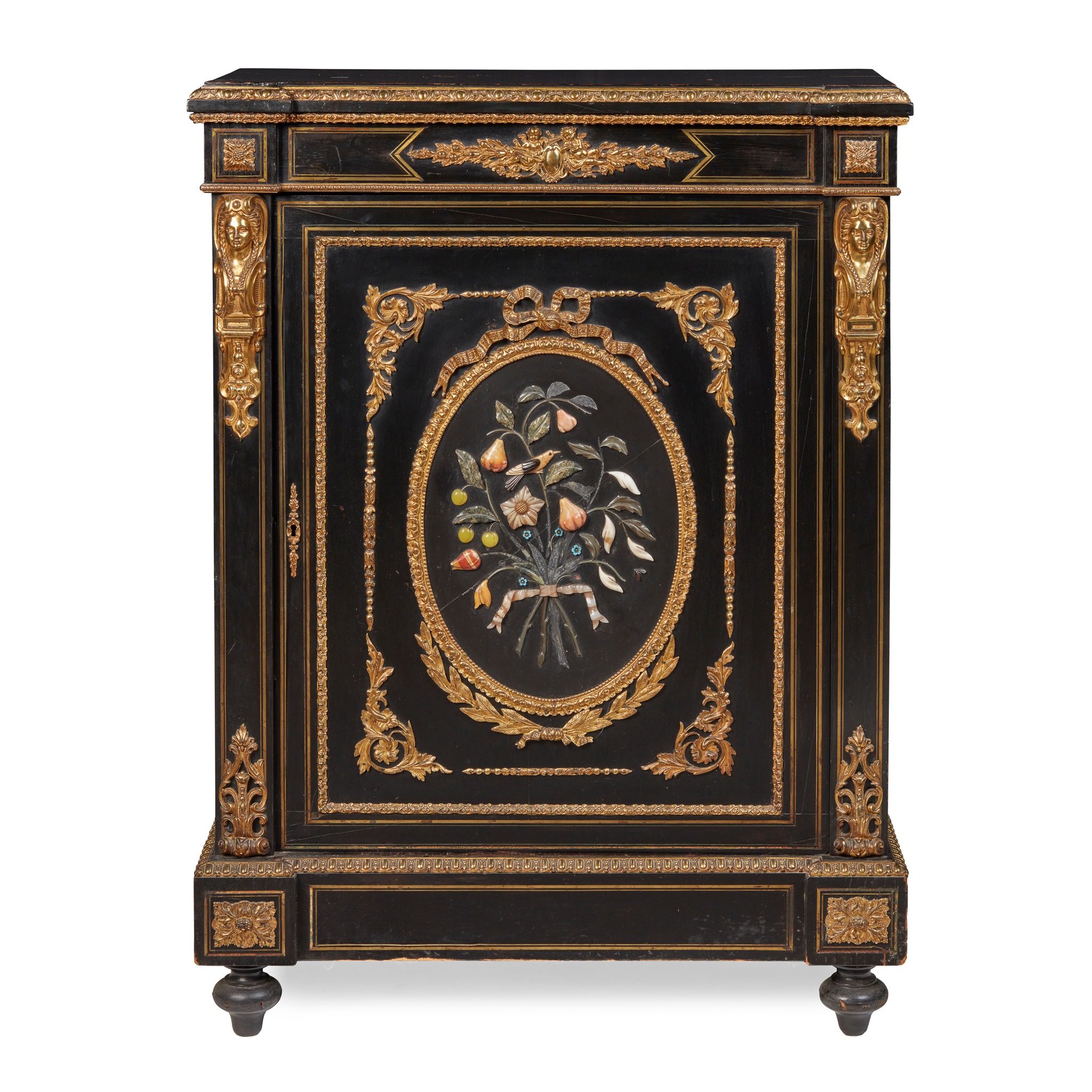 CONTINENTAL EBONISED, PIETRA DURA, AND GILT METAL MOUNTED SIDE CABINET