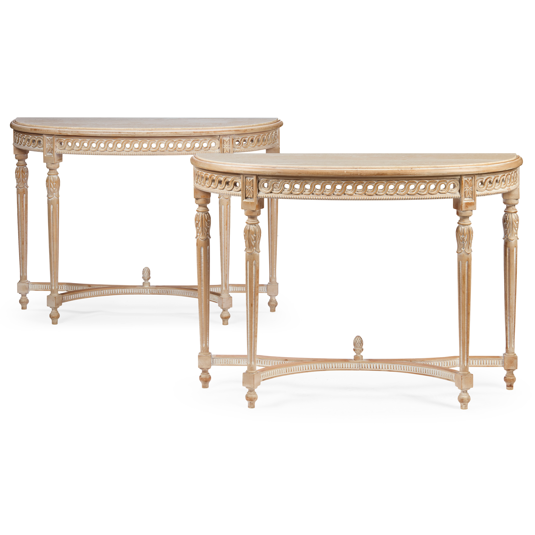PAIR OF GEORGIAN STYLE PAINTED ASH MARBLE TOP CONSOLE TABLES