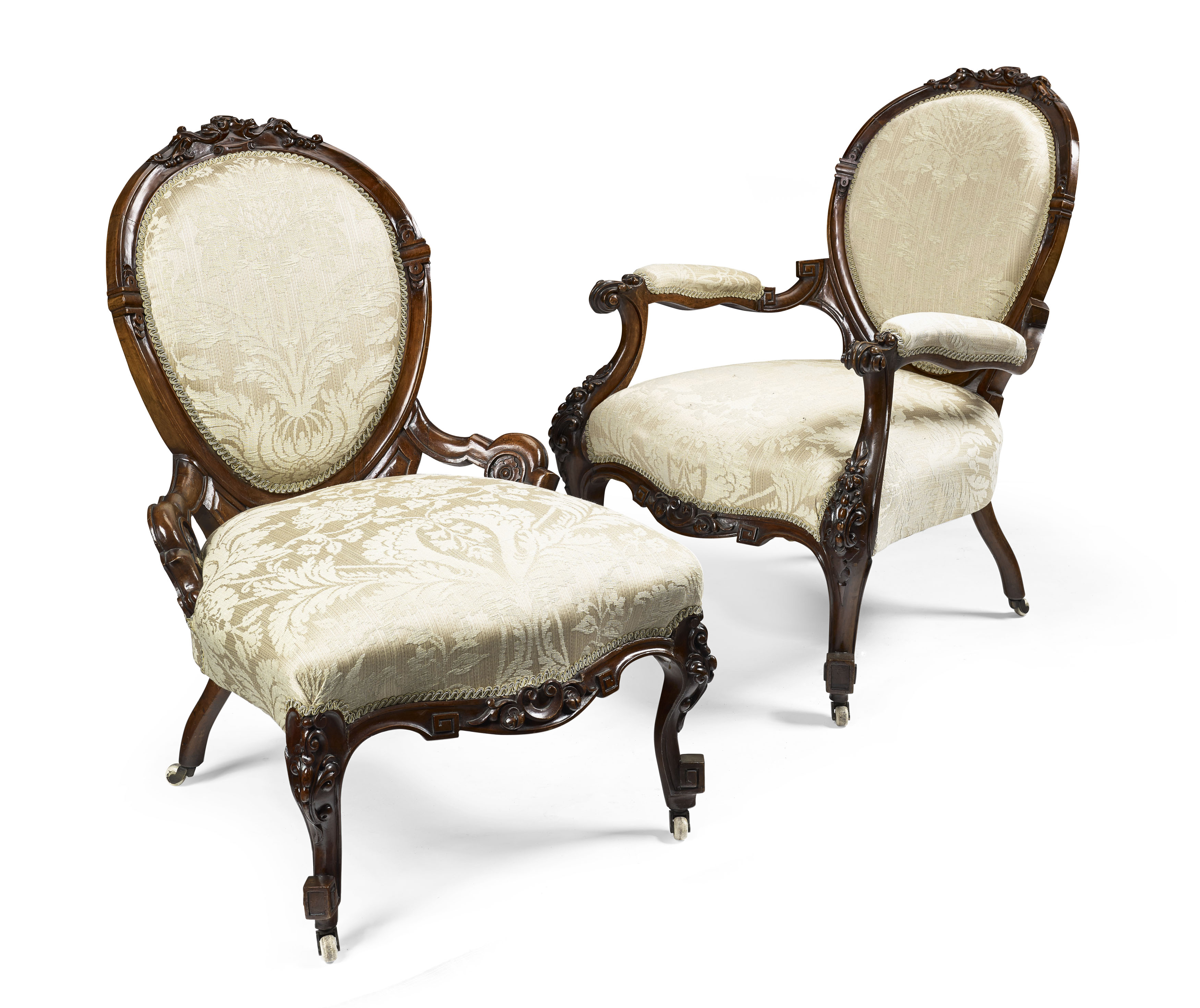 VICTORIAN WALNUT FRAMED GENTLEMAN & LADY'S PARLOUR CHAIRS