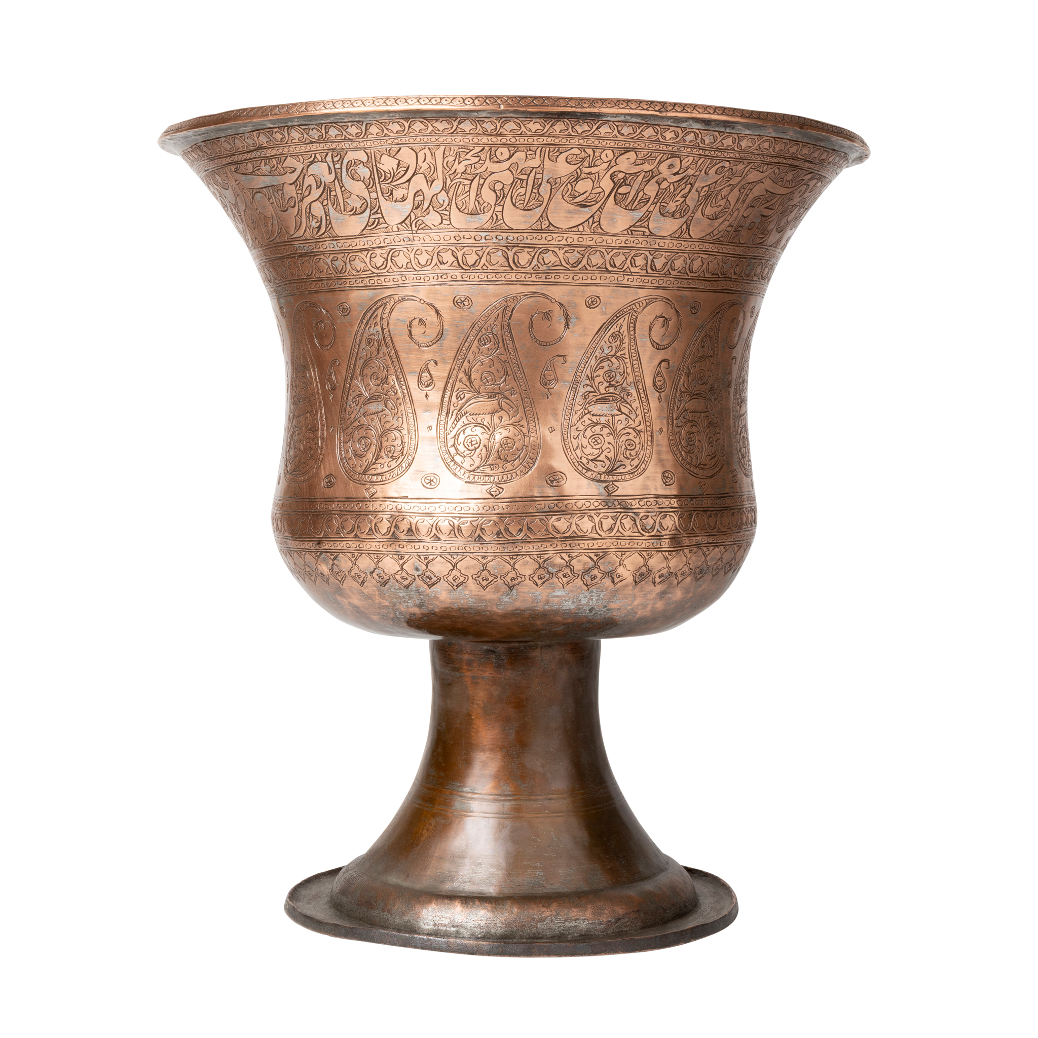 A LARGE QAJAR TINNED-COPPER ENGRAVED VASE