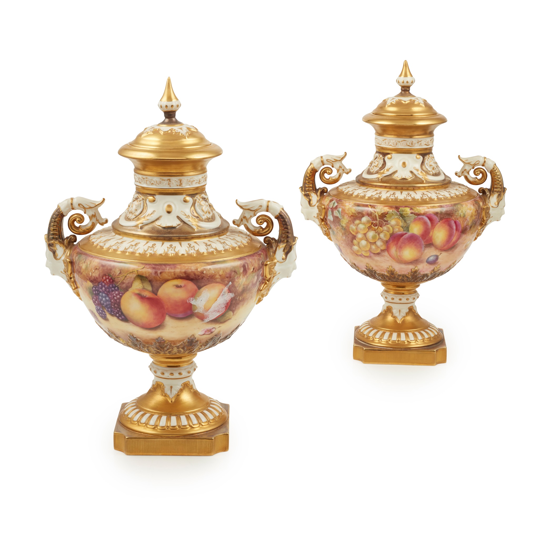 PAIR OF ROYAL WORCESTER FRUIT PAINTED TWIN HANDLED URNS AND COVERS