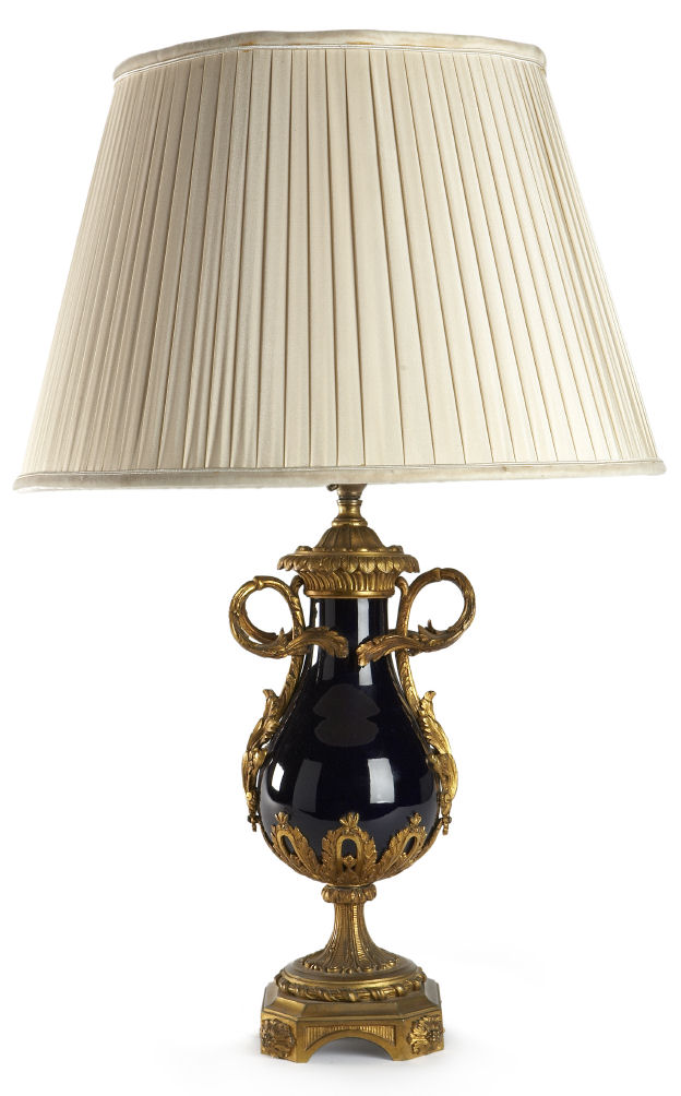 A 19th century gilded bronze and blue porcelain lamp
