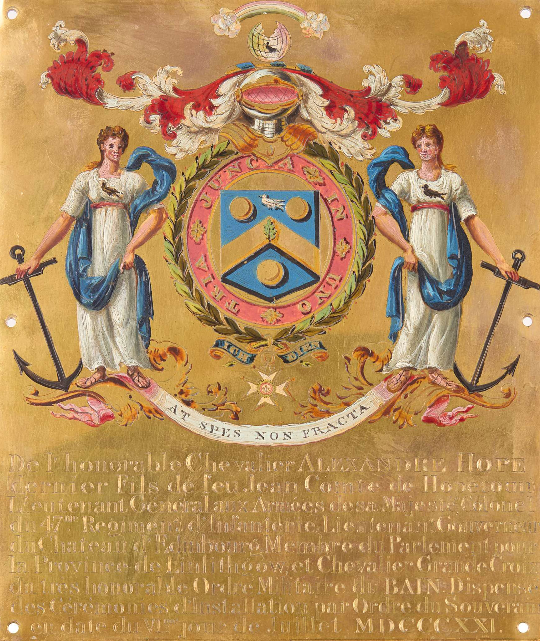 AN EARLY 19TH CENTURY BRASS AND HAND-PAINTED ARMORIAL STALL PLATE FROM THE ROYAL CHAPEL WINDSOR