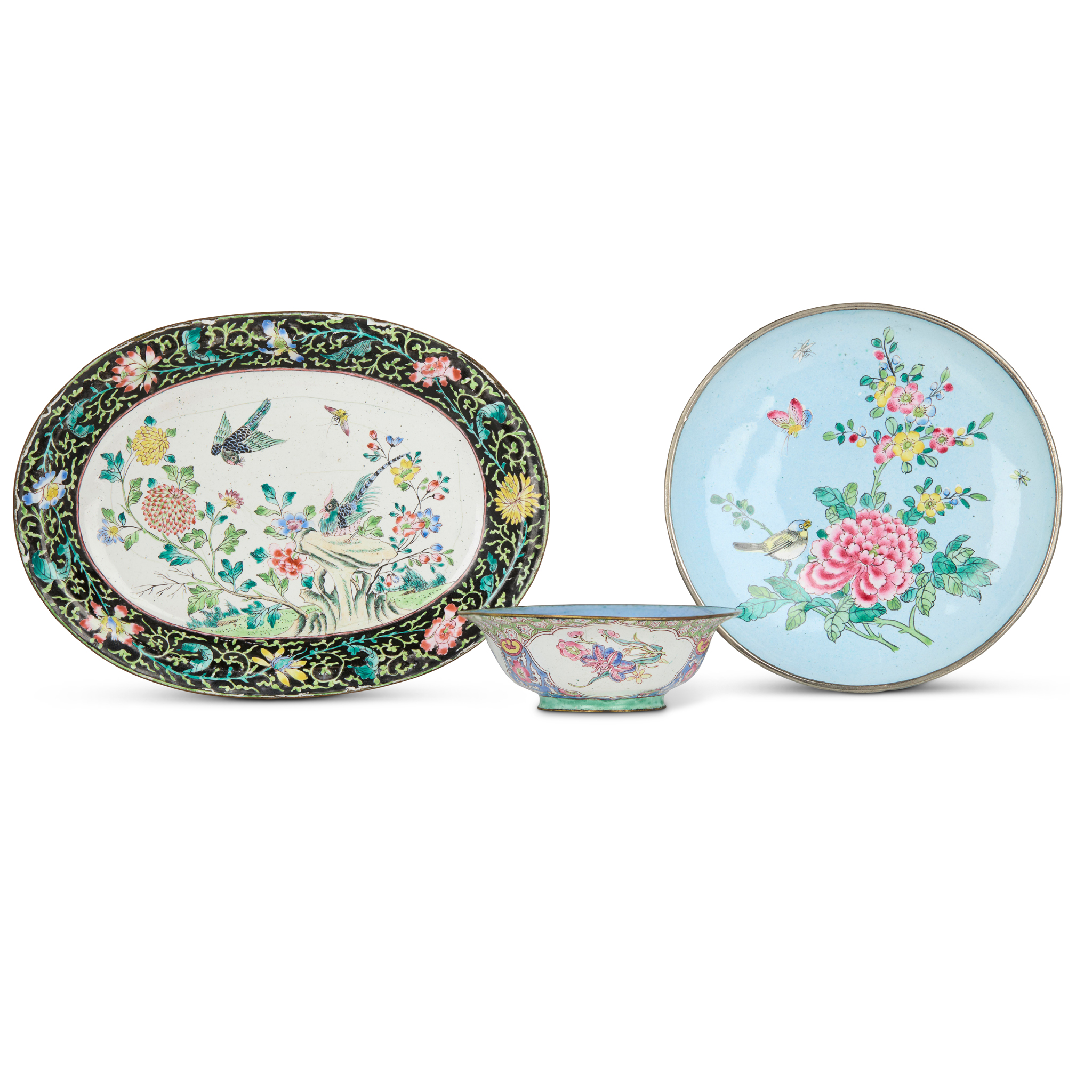 GROUP OF THREE CANTON PAINTED ENAMEL WARES