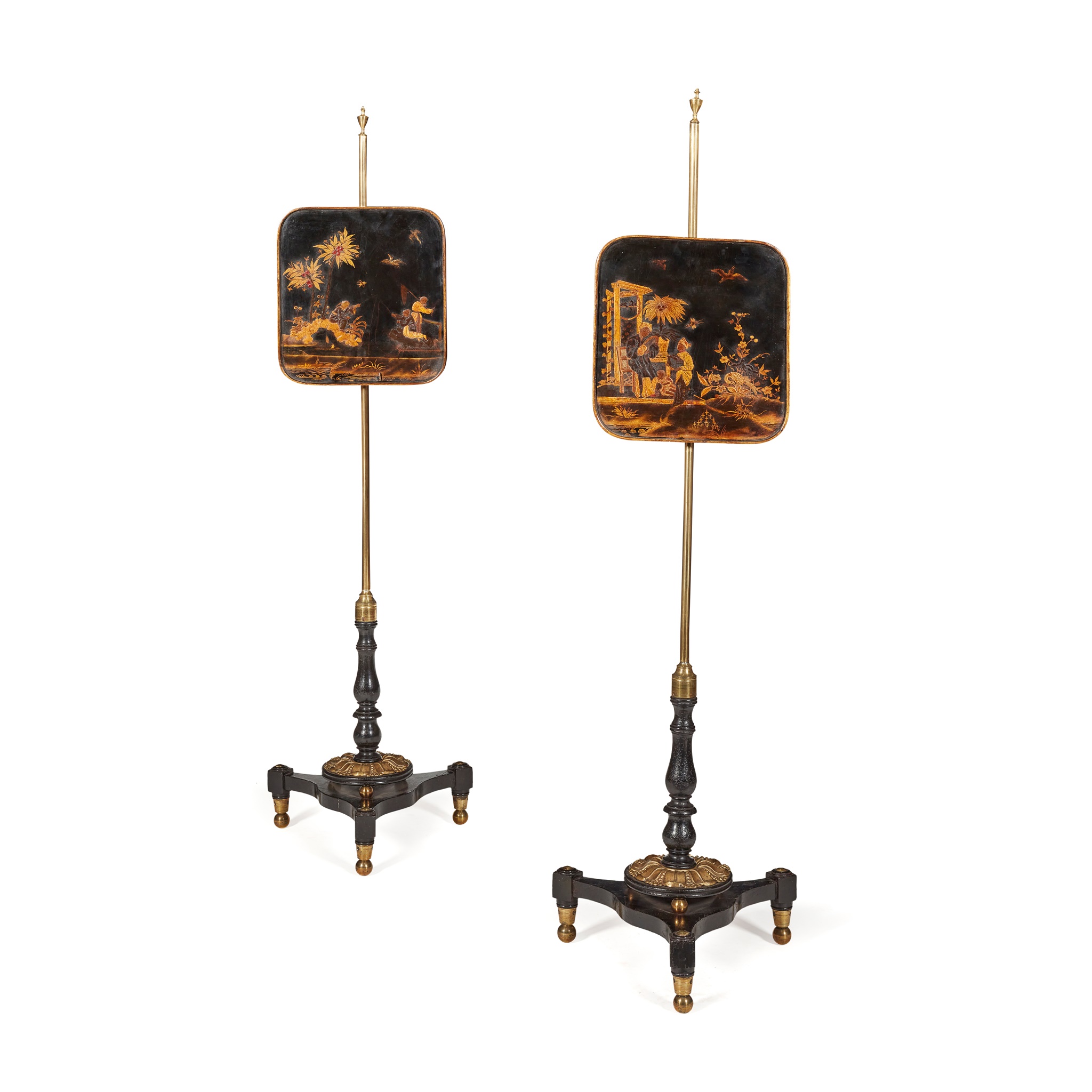 PAIR OF REGENCY LACQUER, EBONISED AND BRASS MOUNTED POLESCREENS