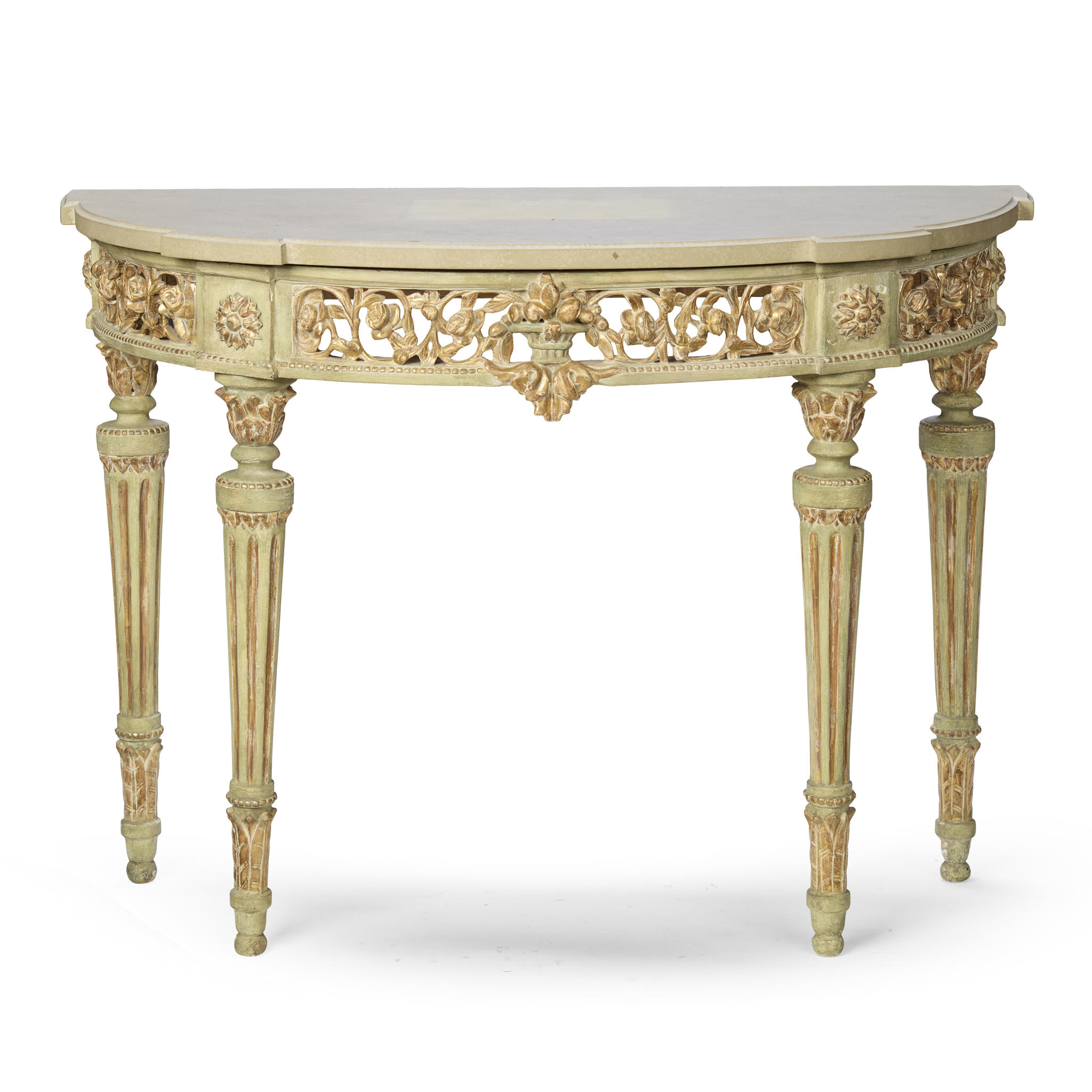CONTINENTAL GREEN PAINTED AND PARCEL-GILT MARBLE TOPPED SIDE TABLE