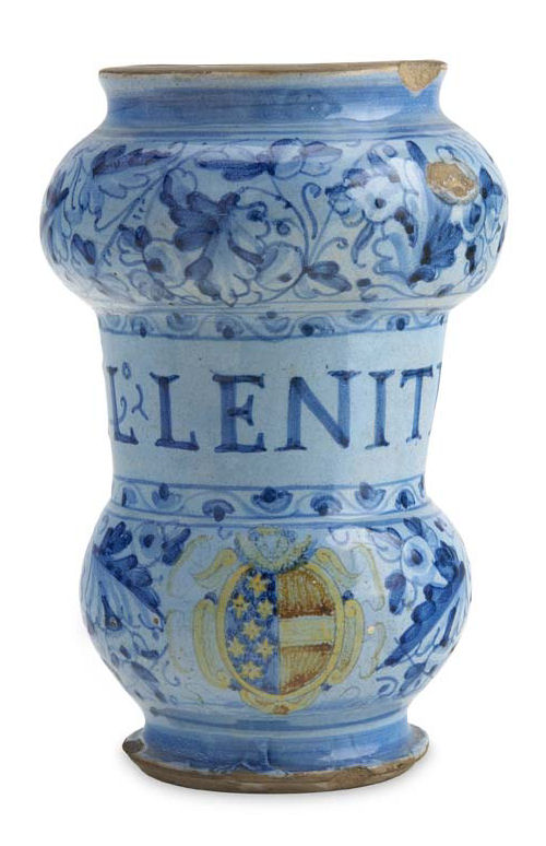 A Venice 'a berettino' ground maiolica albarello, second half of the 16th century