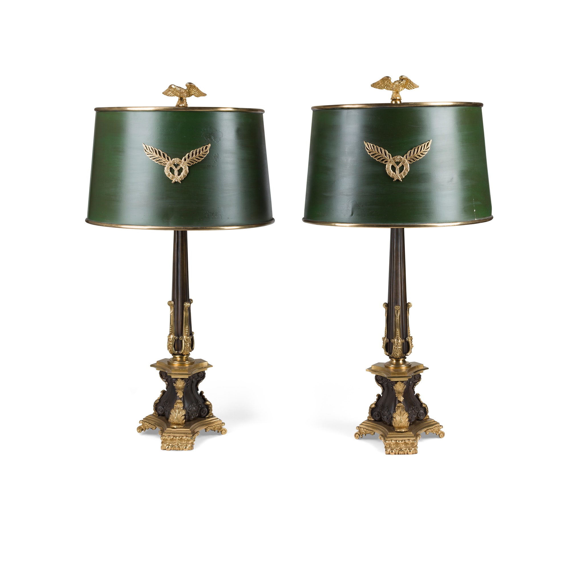 PAIR OF FRENCH PATINATED AND GILT BRONZE TABLE LAMPS