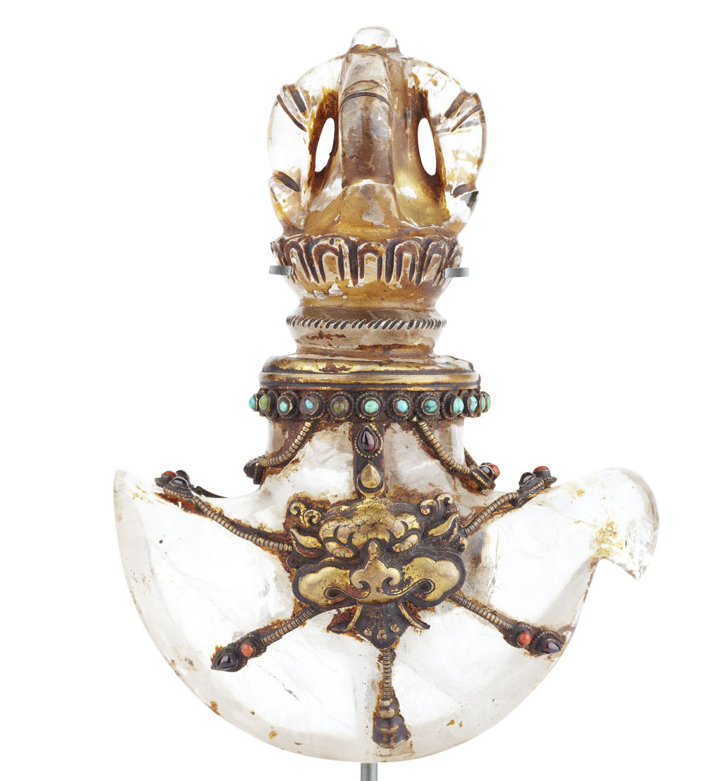 INDIAN BRONZE AND ROCK CRYSTAL BIRD FORM BOTTLE AND STOPPER