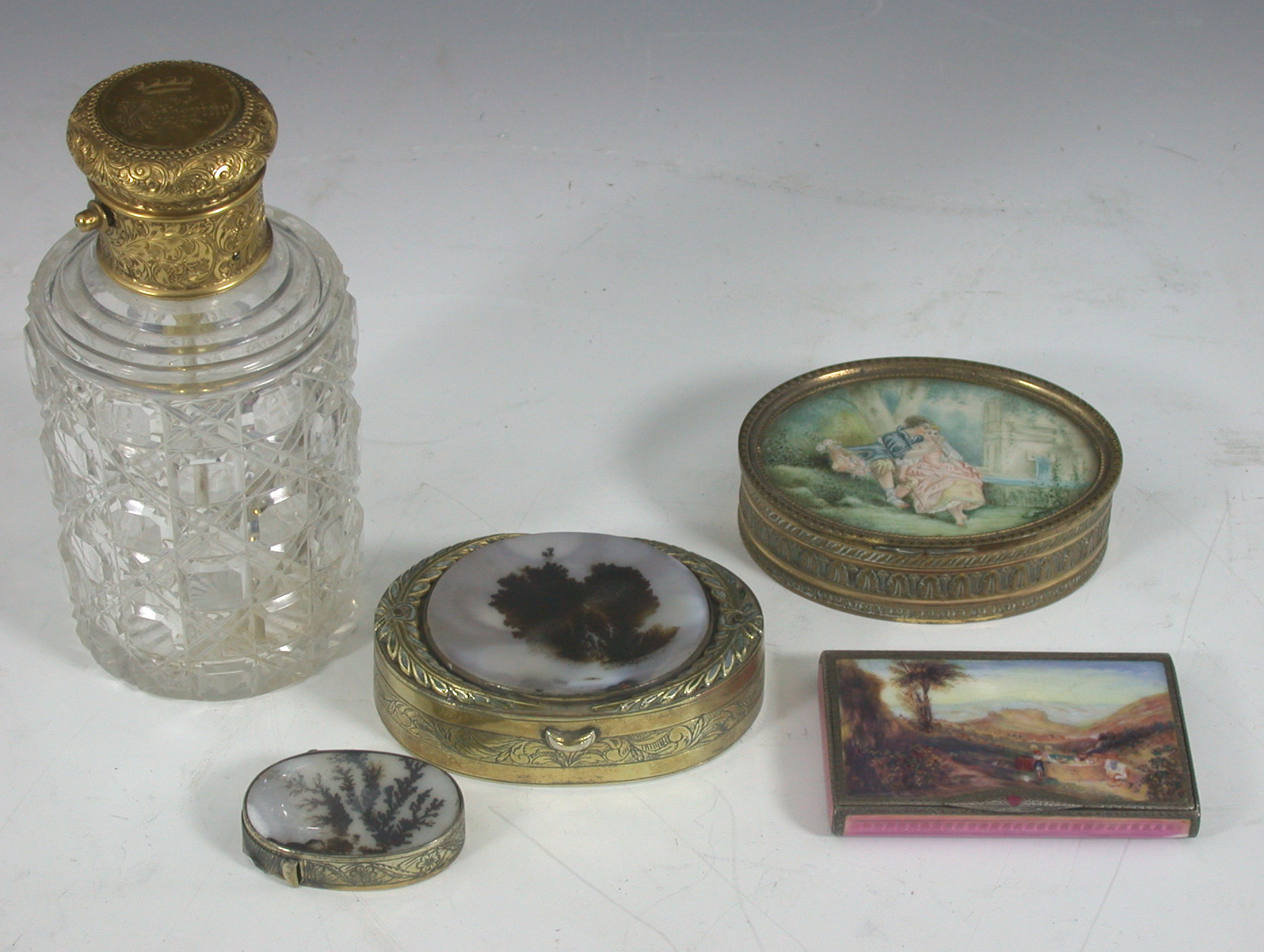 A continental silver gilt and moss agate oval snuff box,