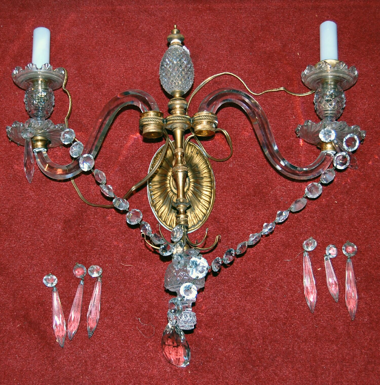 PAIR OF GILT ORMOLU GLASS WALL SCONCES