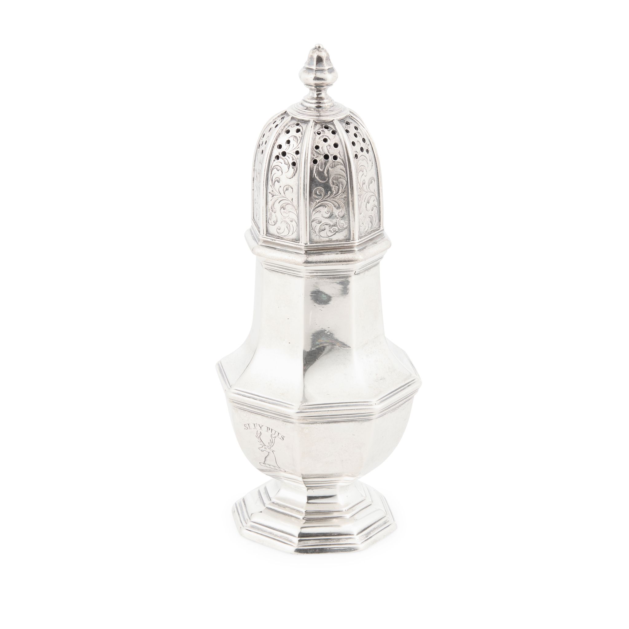 A GEORGE II OCTAGONAL BALUSTER SUGAR CASTER