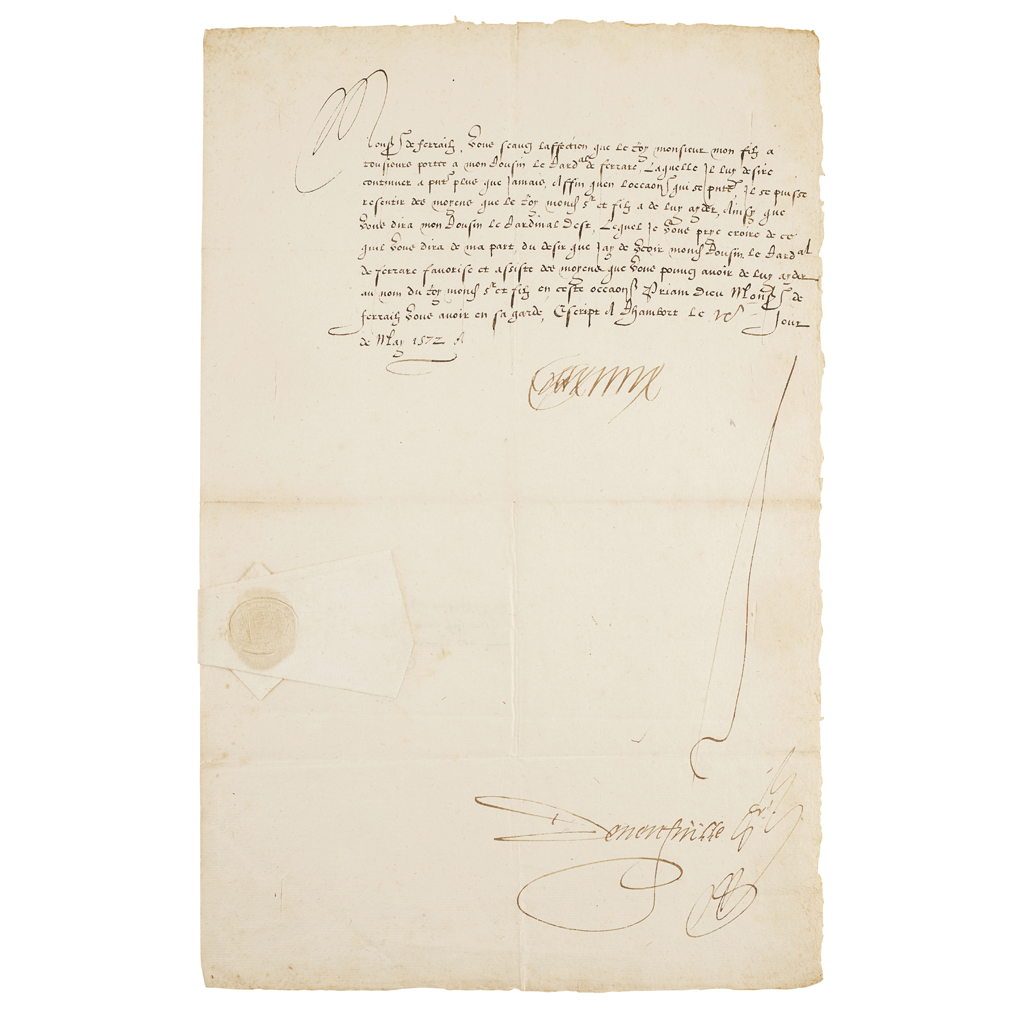 CATHERINE DE MEDICIS (1519-1589, QUEEN OF FRANCE) SALEROOM **NOTICE: SIGNED BUT LETTER NOT AUTOGRAPH**