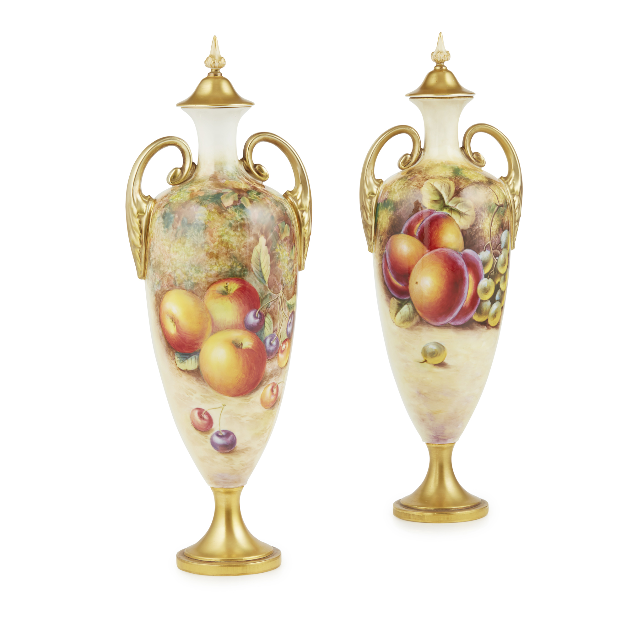 PAIR OF ROYAL WORCESTER COVERED VASES, SIGNED H. AYRTON AND J. SMITH