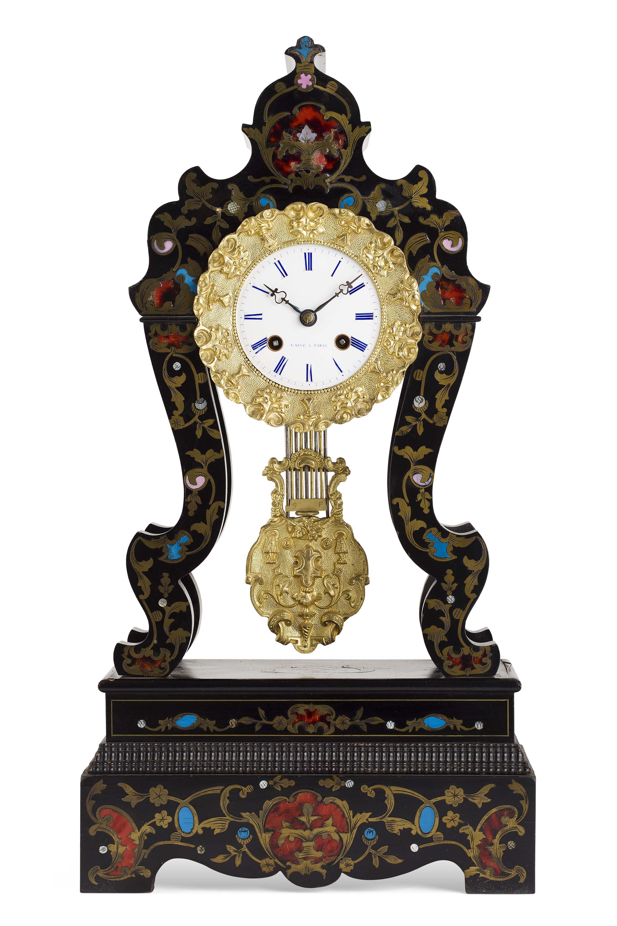 FRENCH EBONISED AND INLAID PORTICO CLOCK, SIGNED LAINE A PARIS