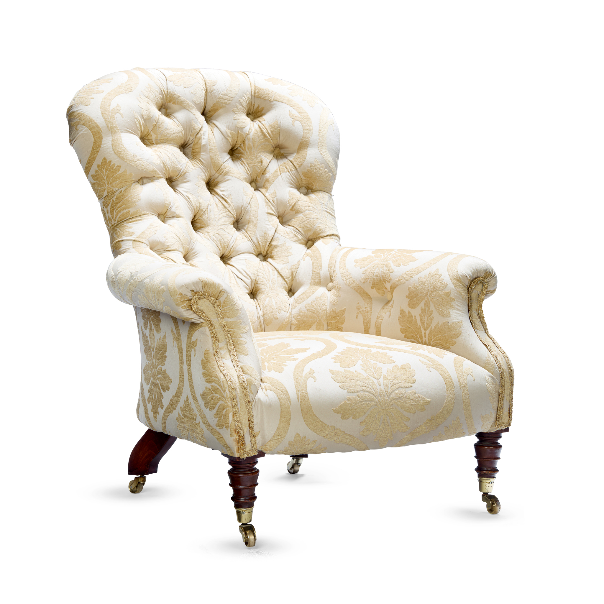 EARLY VICTORIAN WALNUT UPHOLSTERED ARMCHAIR