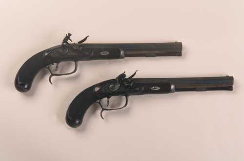A pair of late 18th century flintlock duelling pistols, by Durs Egg