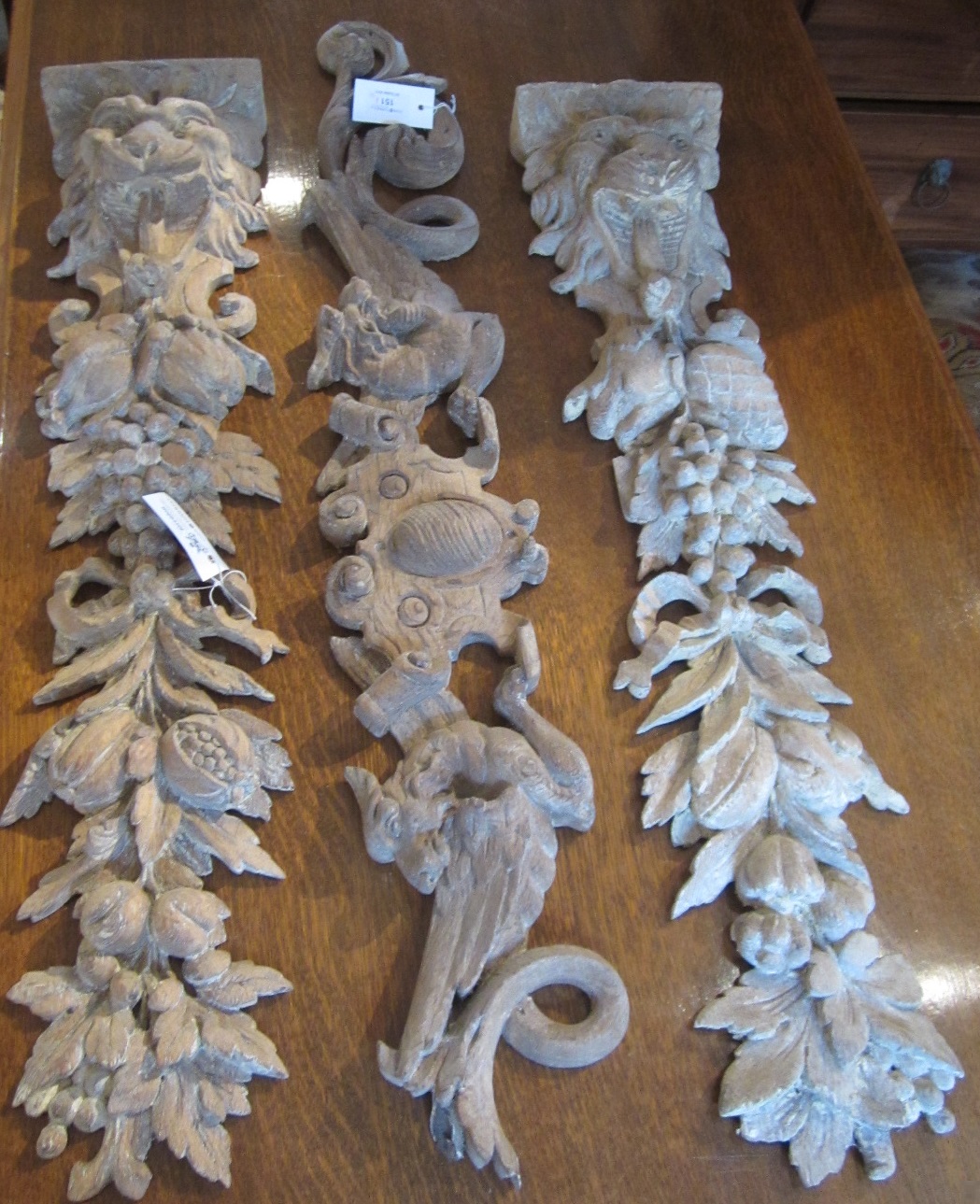THREE CARVED OAK WALL APPLIQUES