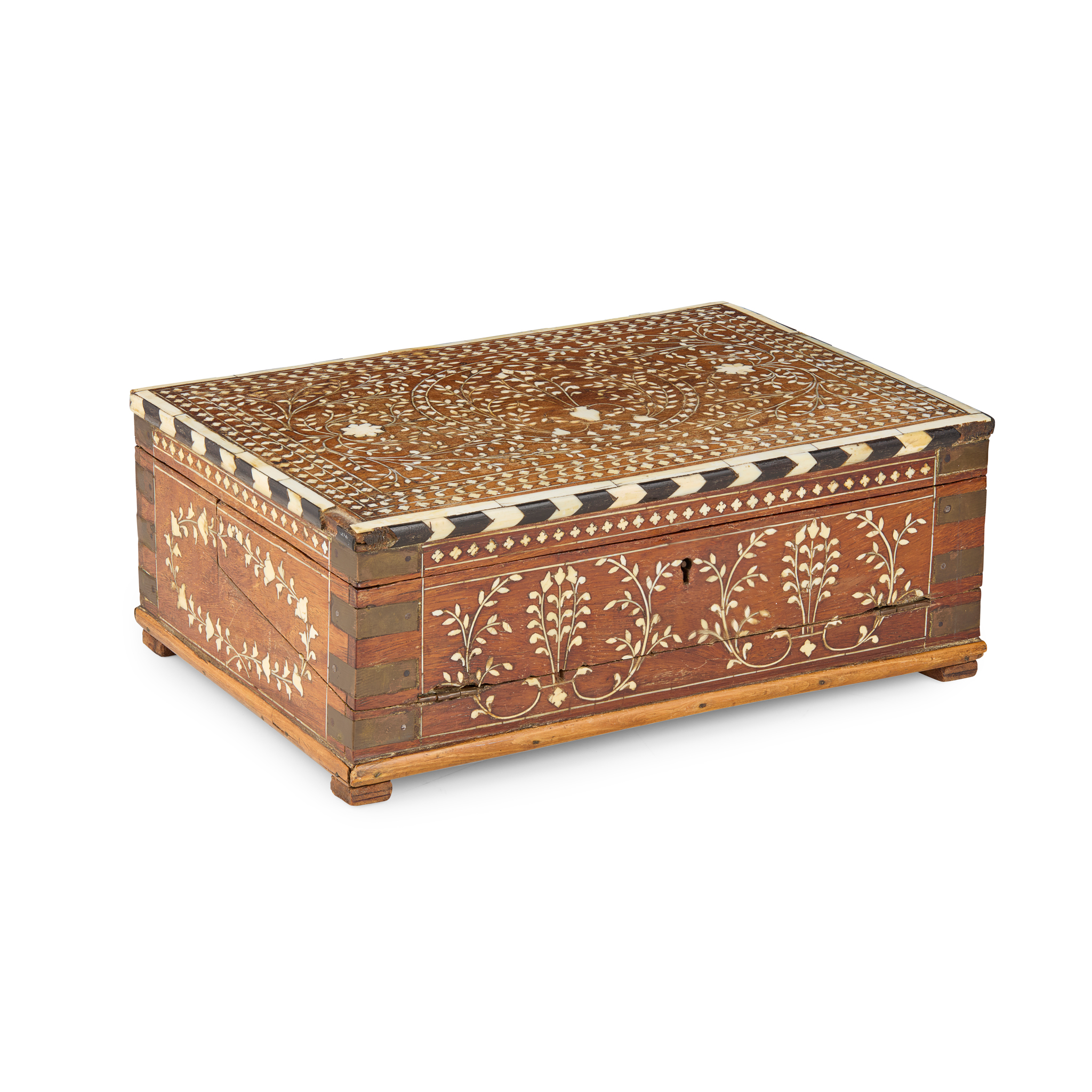 ANGLO-INDIAN IVORY INLAID TEAK STATIONERY BOX