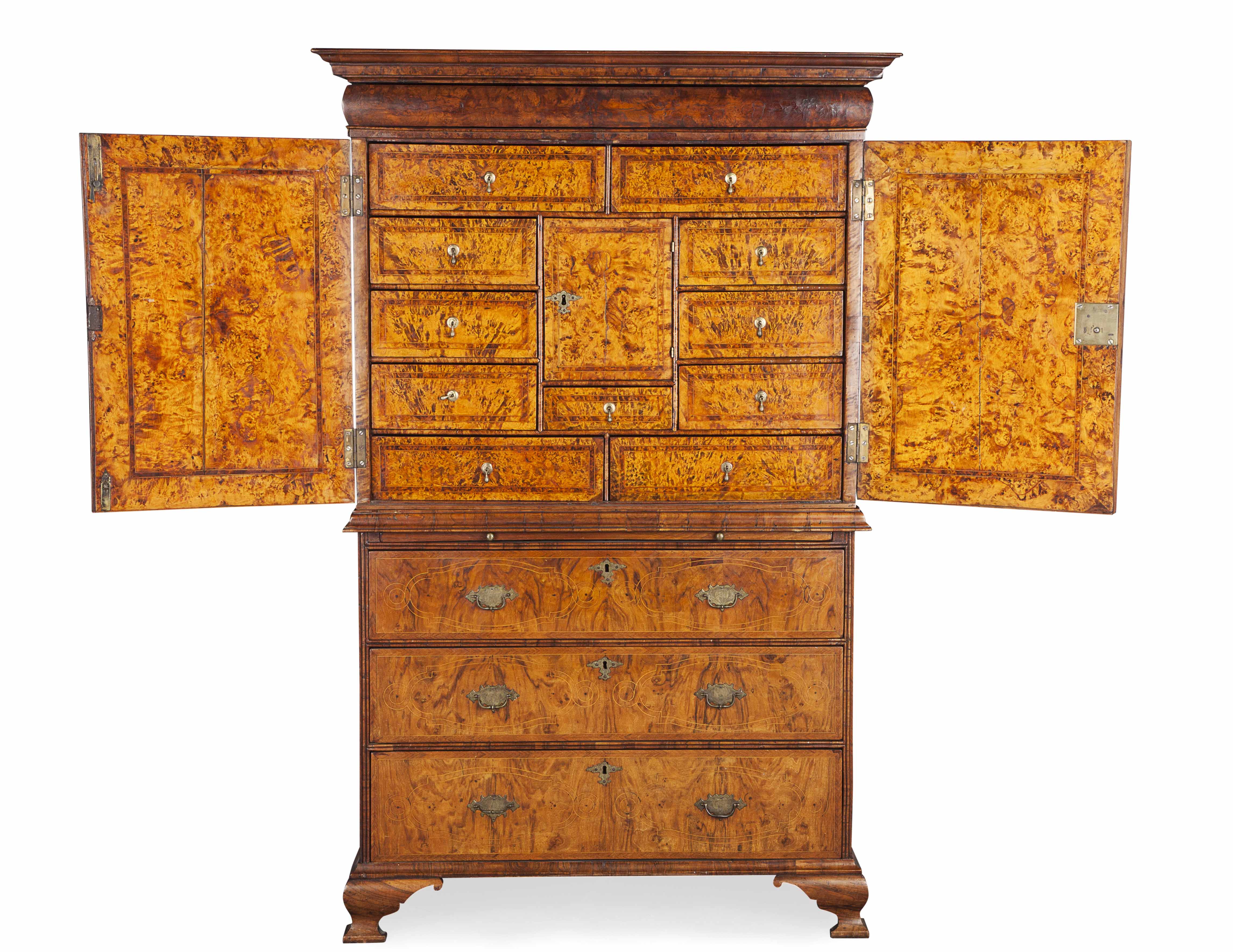 GEORGE I BURR WALNUT AND MULBERRY CABINET ON CHEST