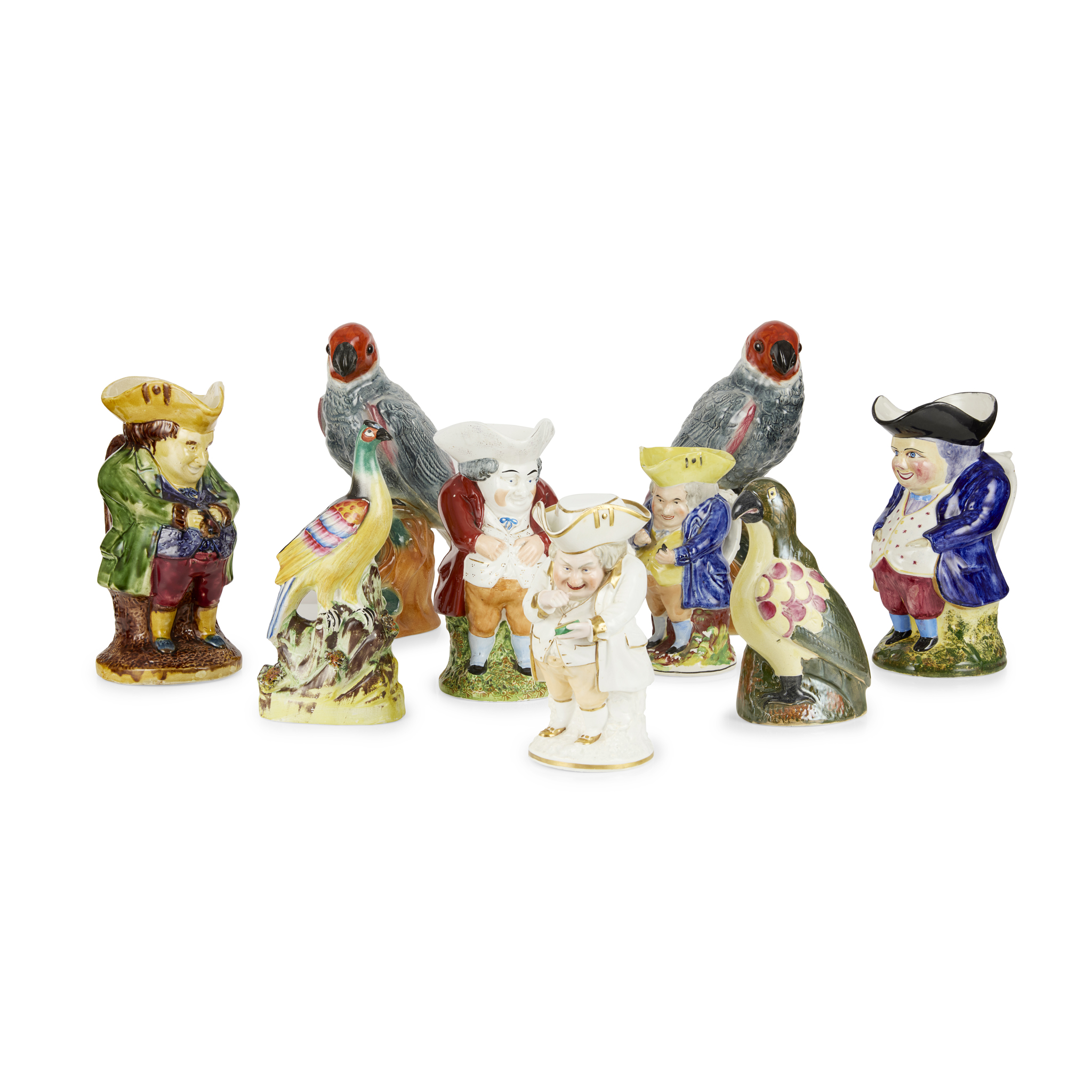 GROUP OF SCOTTISH POTTERY INCLUDING TOBY JUGS AND BIRDS