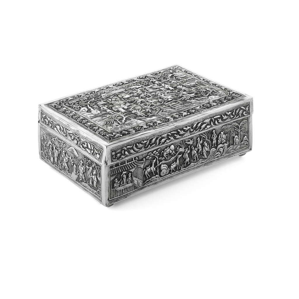FINE SILVER REPOUSSÉ RECTANGULAR BOX AND HINGED COVER